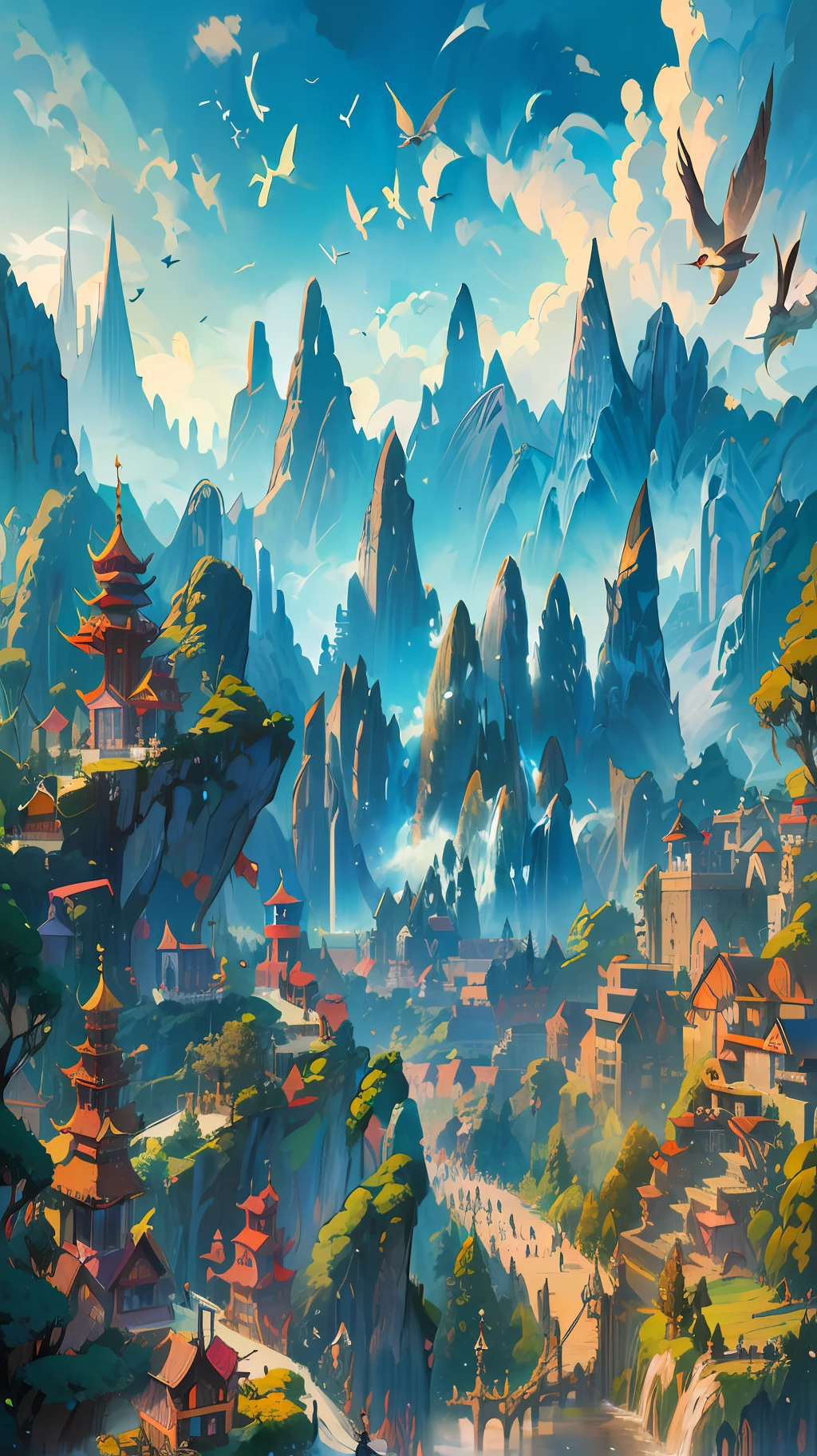 an image of an asian landscape with mountains and birds in the air, in the style of fantastical otherworldly visions, light cyan and gold, intricately mapped worlds, hyperrealistic illustrations, romanticized cityscapes, detailed character illustrations, organic shapes and curved lines, --auto --v6