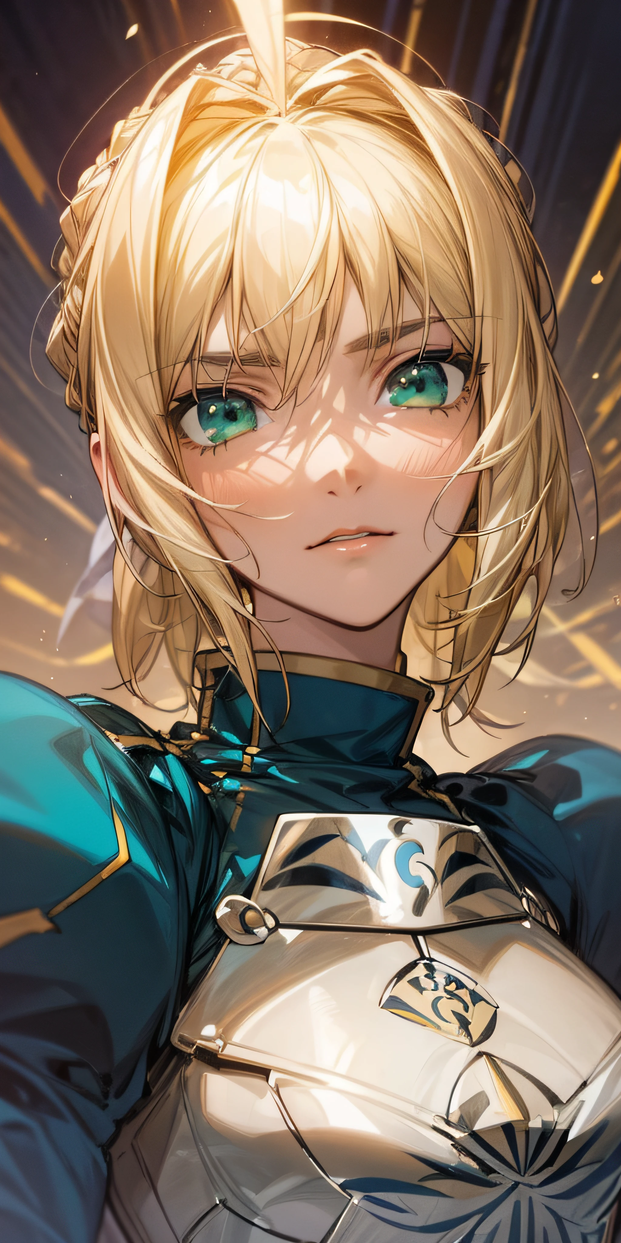 Artoria Pendragon \ (Destiny\, Masterpiece, Best Quality, High Resolution, Ultra Detailed, Art Book, Anime Coloring, CG, Illustration, Fantasy, 1 Girl, Solo, Male Focus, Looking at the Audience, Artoria Pendragon \ (Destiny\), Armor, Detailed Beautiful Face and Eyes, Gentle Moonlight ,Warm Environment, Capable and slender Figure, Dexterous Dynamics, The dim light around the girl gathers on the maiden, blonde hair, green eyes, a sense of holiness, clean, hardworking, determined eyes