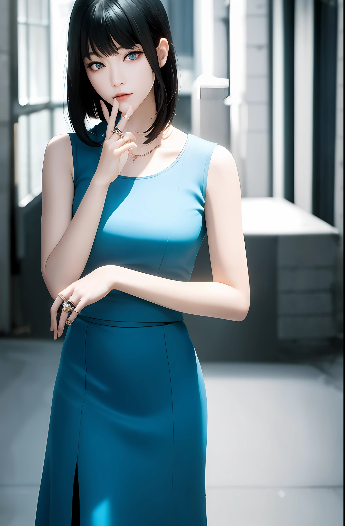 Masterpiece, (Photorealistic: 1.4), Top Quality, Beautiful Lighting, (ulzzang-6500:0.5), Makima (Chainsaw Man), (Bob Hair) + (Black Hair) + (Bangs), Blue Eyes, Blue Eyes, (((Ring Eyes)), (Flared Skirt), RAW Photography, 8k UHD, Film Grain