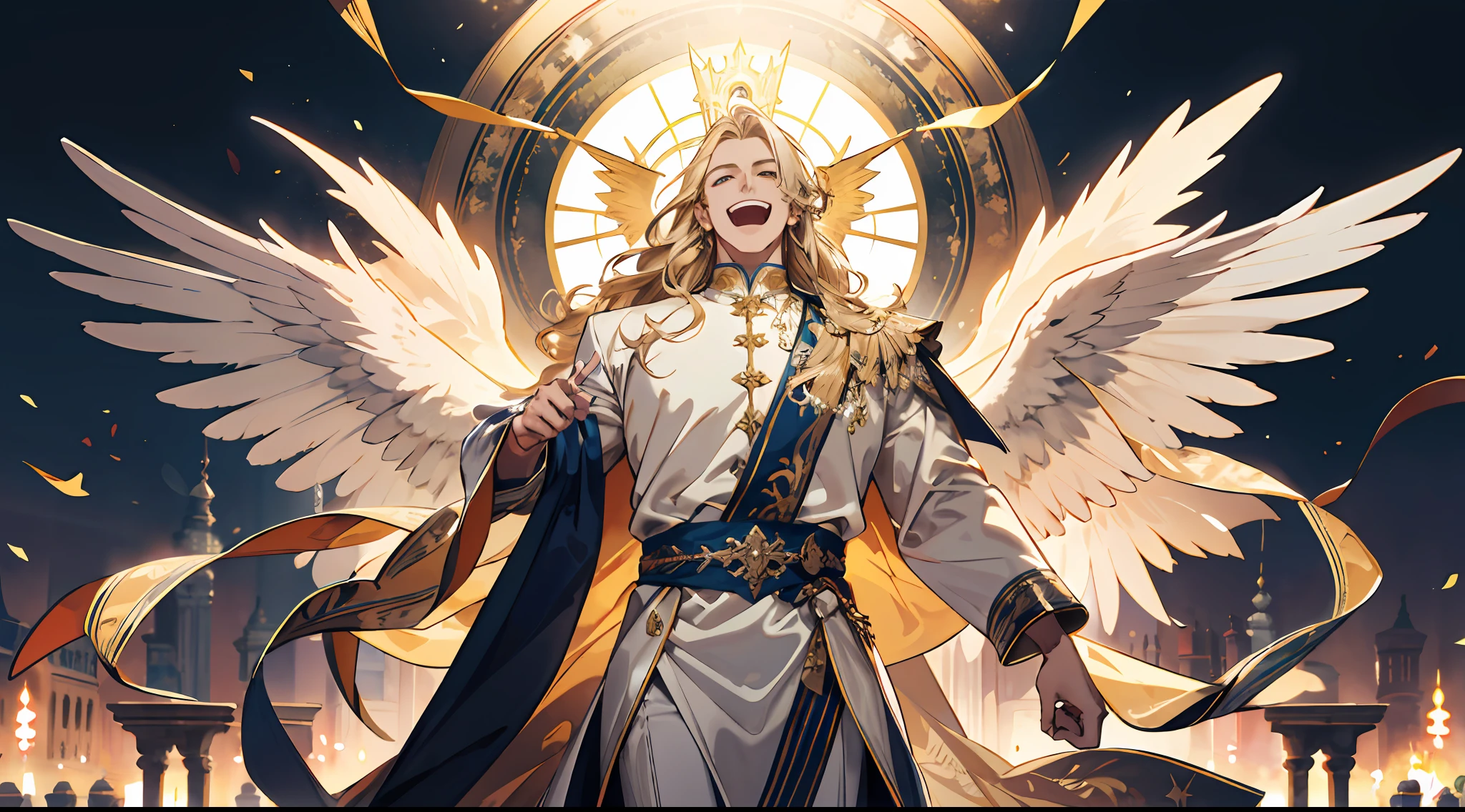 (absurd, high resolution), (panorama) (1 male), middle-aged, long blonde hair, blue and white dress, golden decoration, (tall), laughter, open mouth, 3 pairs of huge wings, broad arms, angel, palace, powerful, majestic, intense luster, white-gold dress, exquisite clothes, streamers, golden magic all over the body,