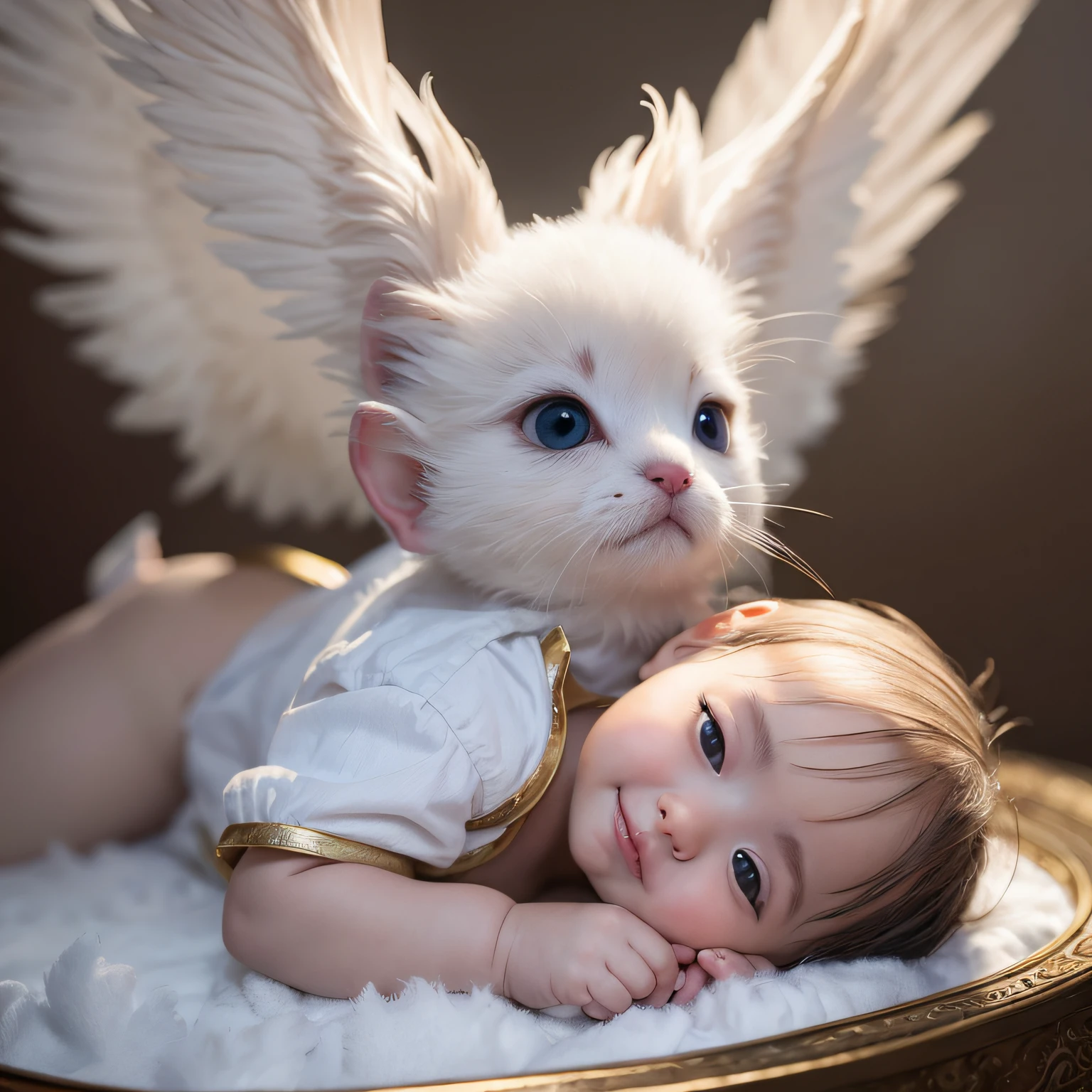 Cute baby asian boy cupid with big wings. happy face. Dressed in white tunica of very intricate lace. (lying face down between clouds of cotton). Digital painting, artstation, concept art, soft focus, sharp, illustration.