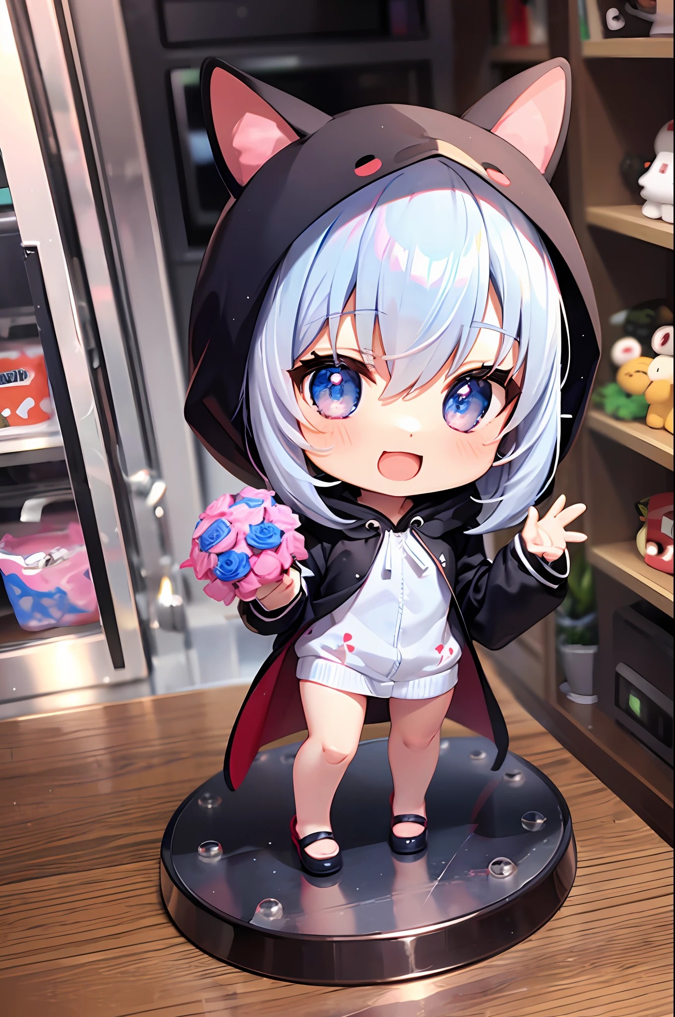 (Chibi: 1.3), happy, (holding a bouquet), full body, (Kigurumi), indoors, on the table, (Nendoroid),