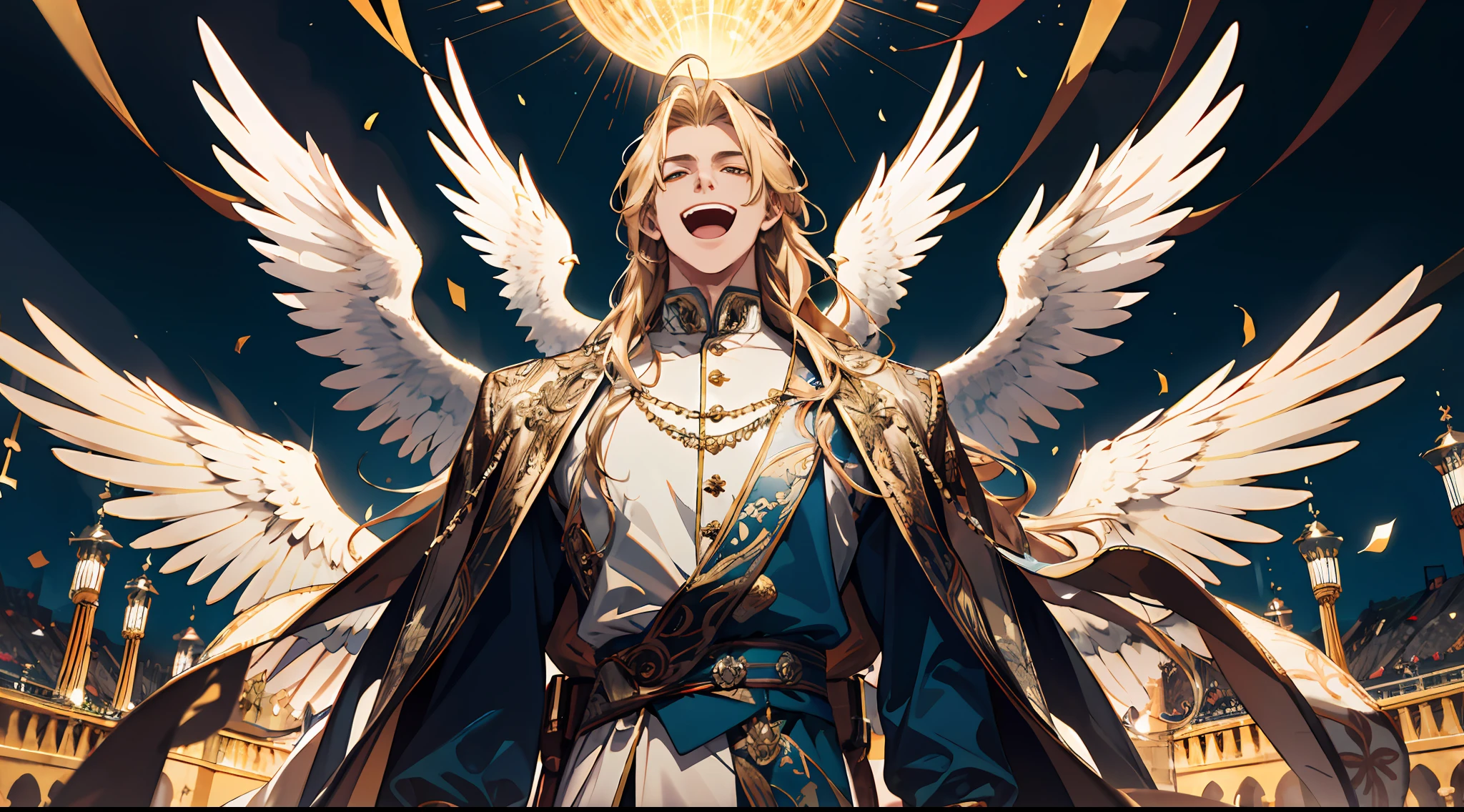 (absurd, high resolution), (panorama) (1 male), middle-aged, long blonde hair, blue and white dress, golden decoration, (tall), laughter, open mouth, 3 pairs of huge wings, broad arms, angel, palace, powerful, majestic, intense luster, white-gold dress, exquisite clothes, streamers, golden magic all over the body,