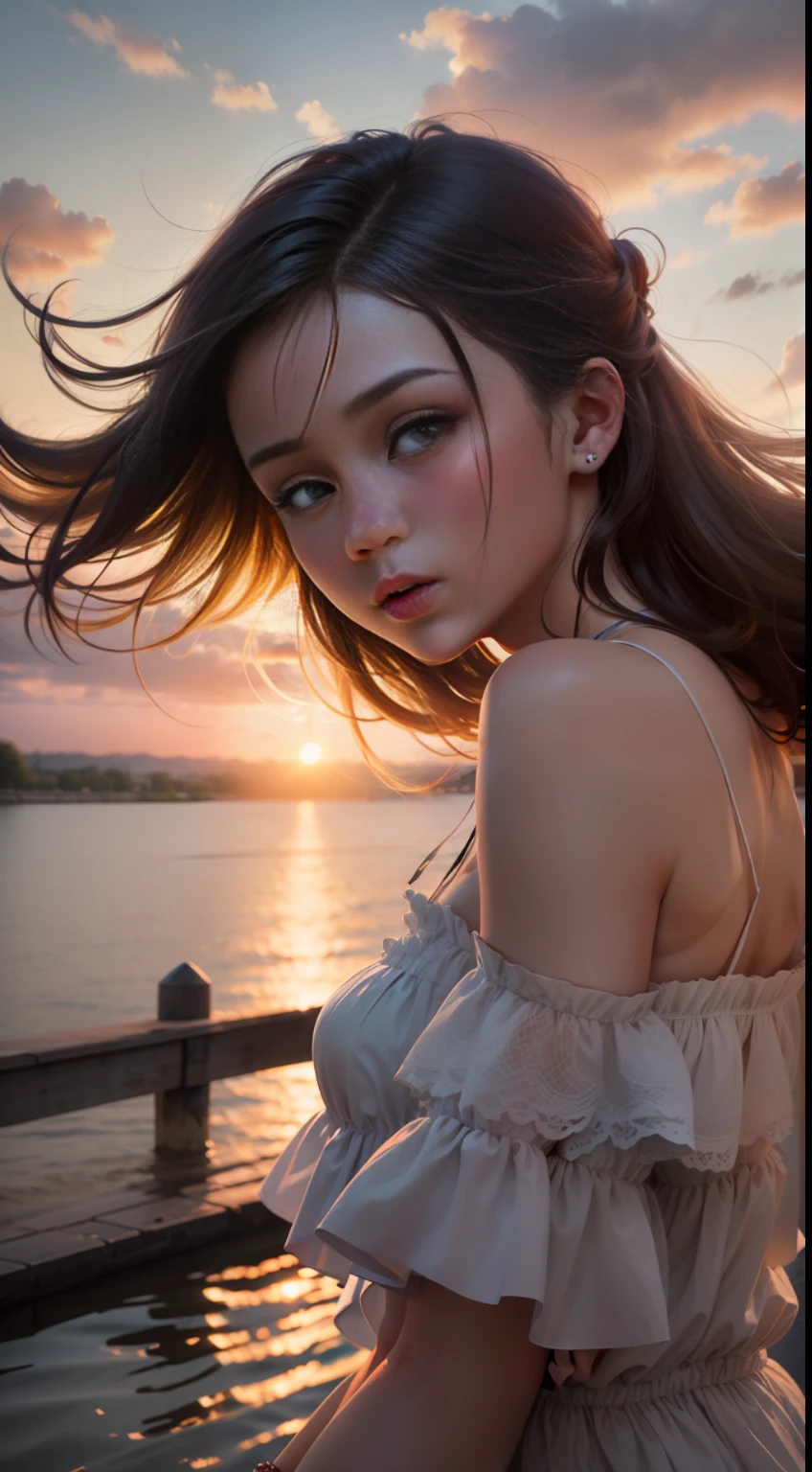 Summer wind, sunset in the sky, 1 girl, looking back at the audience by the river, hair fluttering in the wind, delicate face, movie light effects, exquisite details, backlight