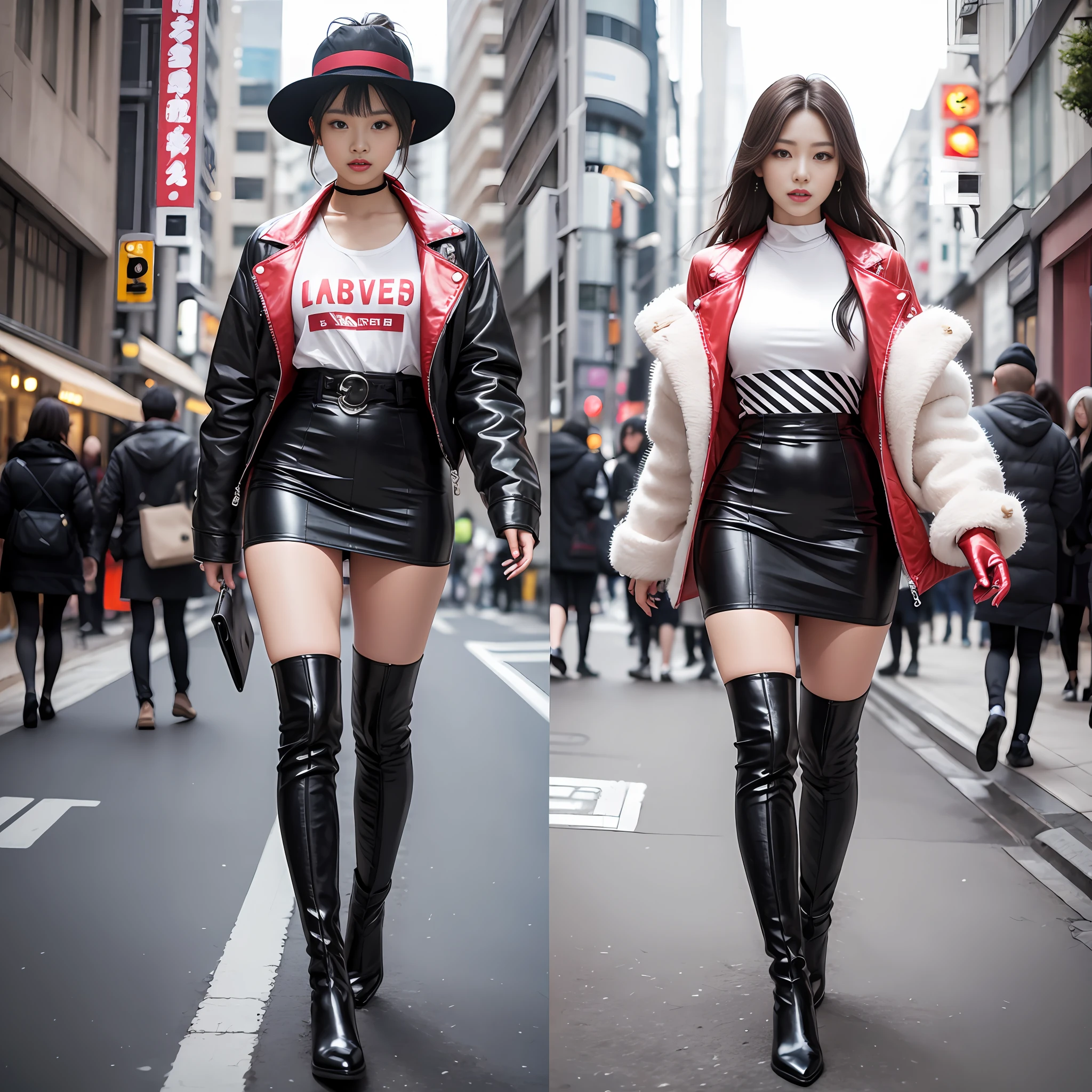 A woman in a white top and black boots standing on the street, Chinese female fashion model, white fluffy clothes, short skirt and long jacket, Japanese city street fashion, black pink Rosan Park, she wears streetwear, Japanese street fashion, Tokyo fashion, street dress woman in jacket and skirt, street fashion, Harajuku street fashion, beautiful woman walking in the wind, black gloves, over-the-knee red boots, tall, long legs, perfect body proportions, thin waist, black suspender stockings, tall, Slender body, nine-headed body, big eyes, beautiful and exquisite face, perfect body details, perfect body proportions, perfect visual proportions, fashion shooting, glamorous, feminine, delicate, highlighting female curves, subtext: sexy, confident. Chinese woman --auto --s2