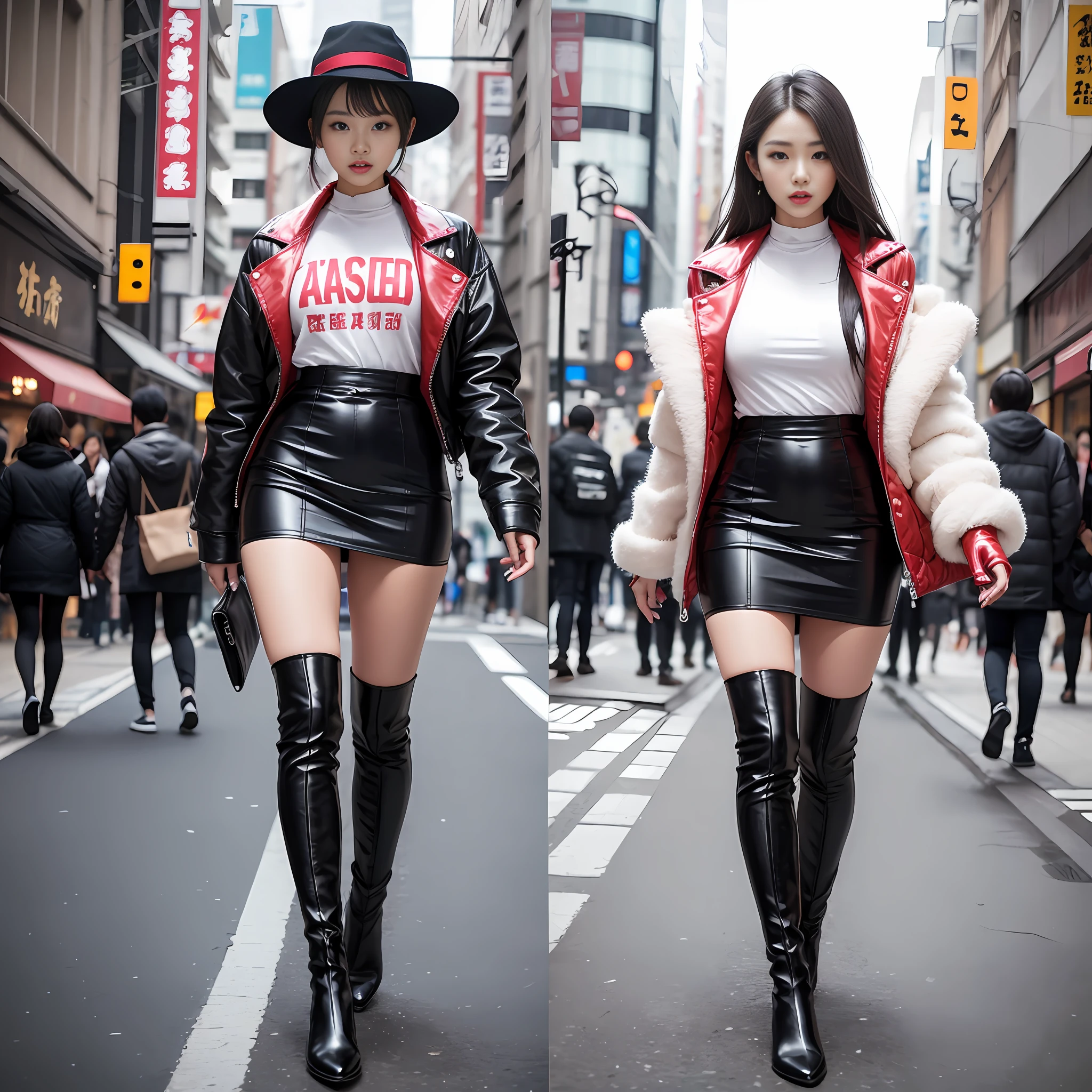 A woman in a white top and black boots standing on the street, Chinese female fashion model, white fluffy clothes, short skirt and long jacket, Japanese city street fashion, black pink Rosan Park, she wears streetwear, Japanese street fashion, Tokyo fashion, street dress woman in jacket and skirt, street fashion, Harajuku street fashion, beautiful woman walking in the wind, black gloves, over-the-knee red boots, tall, long legs, perfect body proportions, thin waist, black suspender stockings, tall, Slender body, nine-headed body, big eyes, beautiful and exquisite face, perfect body details, perfect body proportions, perfect visual proportions, fashion shooting, glamorous, feminine, delicate, highlighting female curves, subtext: sexy, confident. Chinese woman --auto --s2