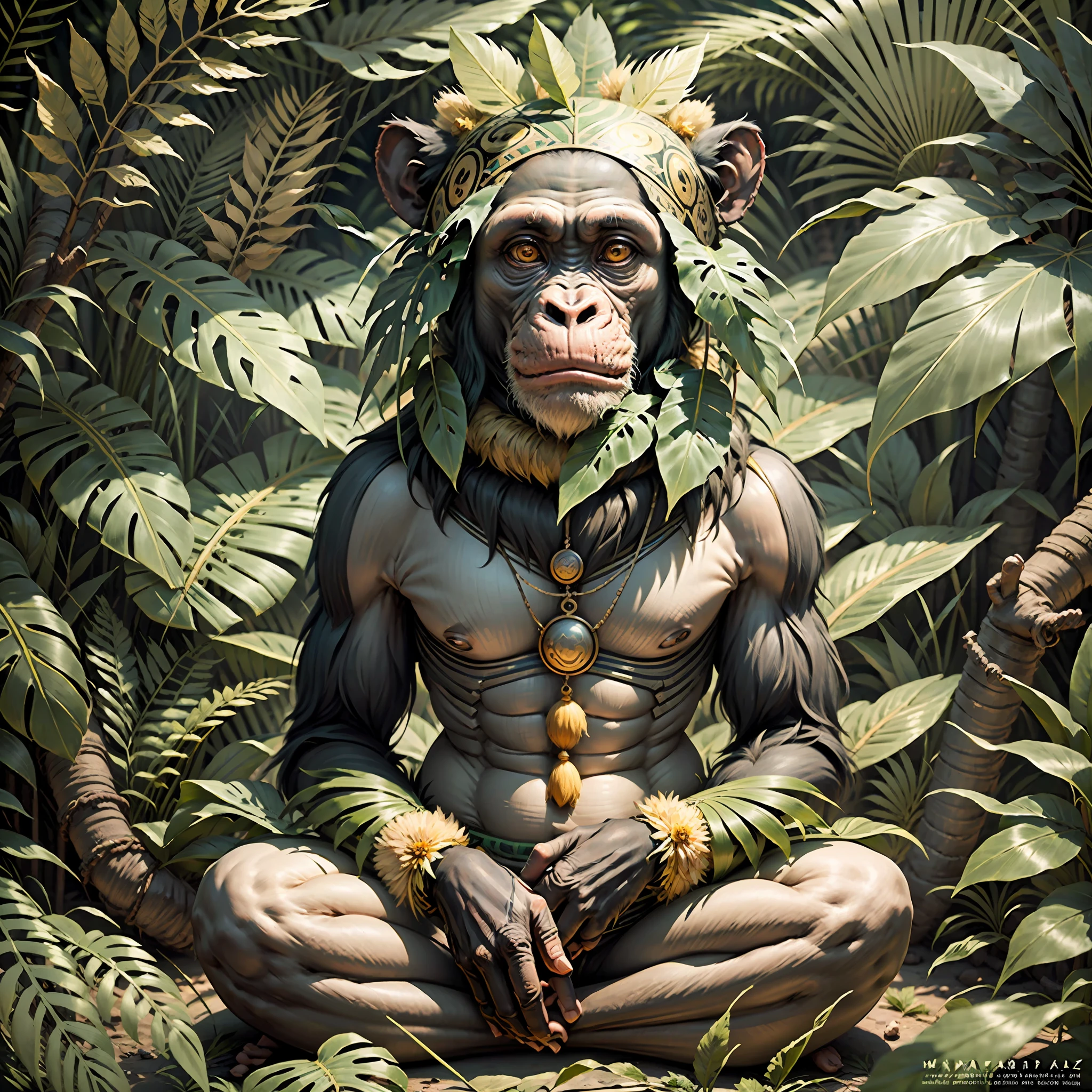 Chimpanzee with indigenous headdress on head, ((meditating)) colorful feathers, facing the camera, detail: sitting in the middle of dense tropical foliage, highly detailed intricate, ((masterpiece)), ultra hyperrealistic, masterpiece