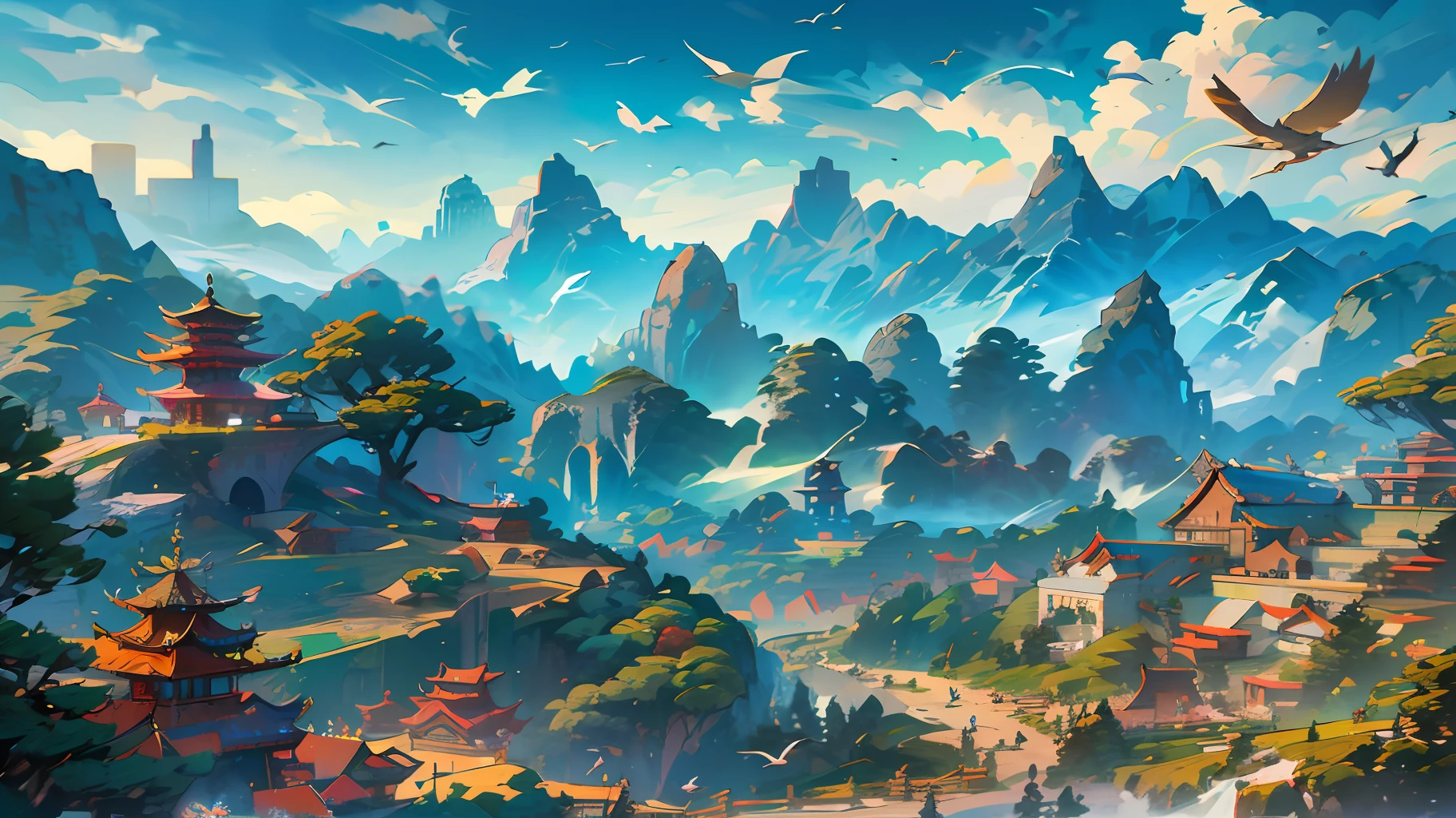 an image of an asian landscape with mountains and birds in the air, in the style of fantastical otherworldly visions, light cyan and gold, intricately mapped worlds, hyperrealistic illustrations, romanticized cityscapes, detailed character illustrations, organic shapes and curved lines, --auto --v6