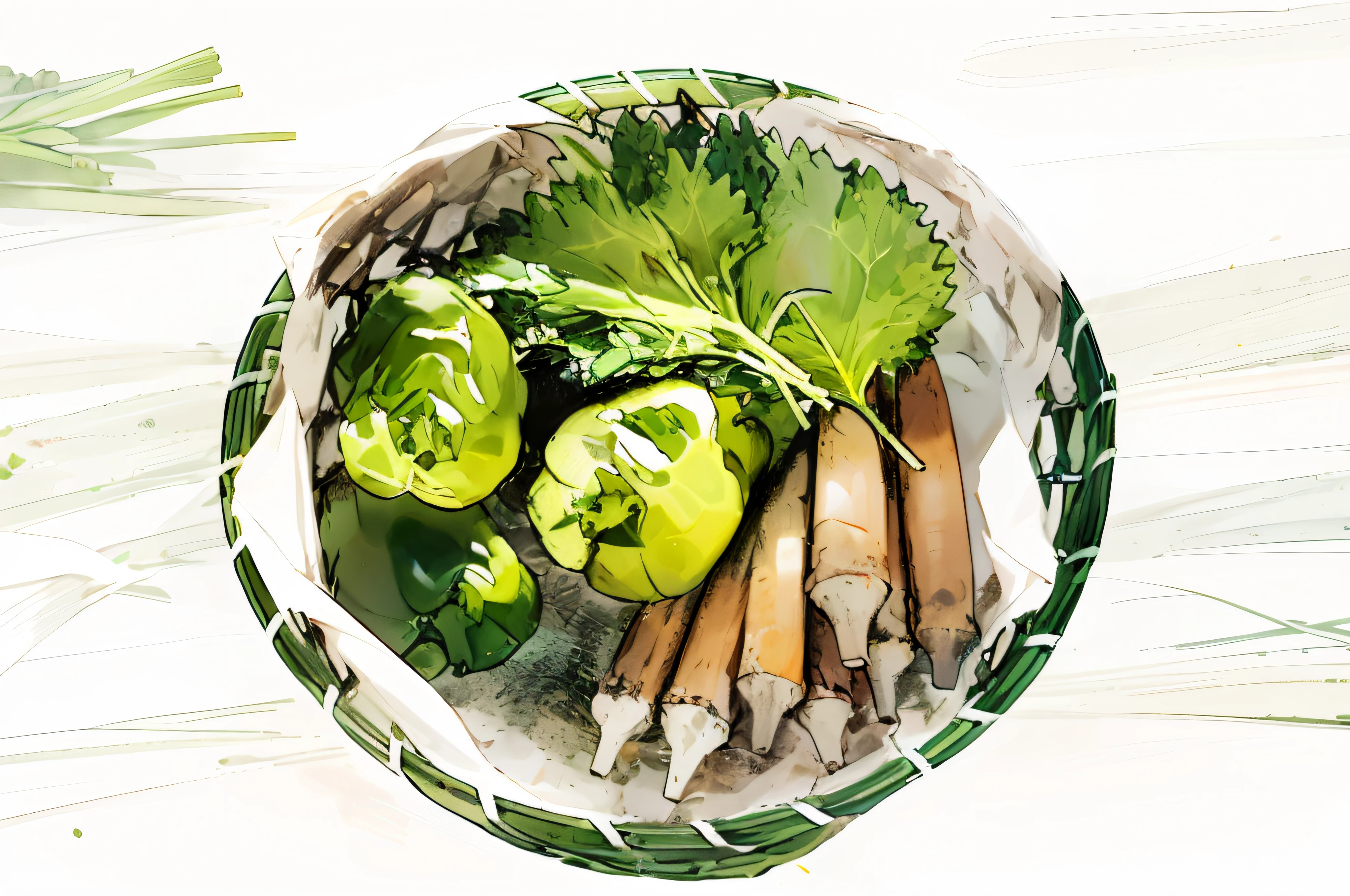 There is a basket of green vegetables and leafy greens, green, green, on a white background, product introduction photo, celery, vegetable leaf, beautiful image, herb, still life