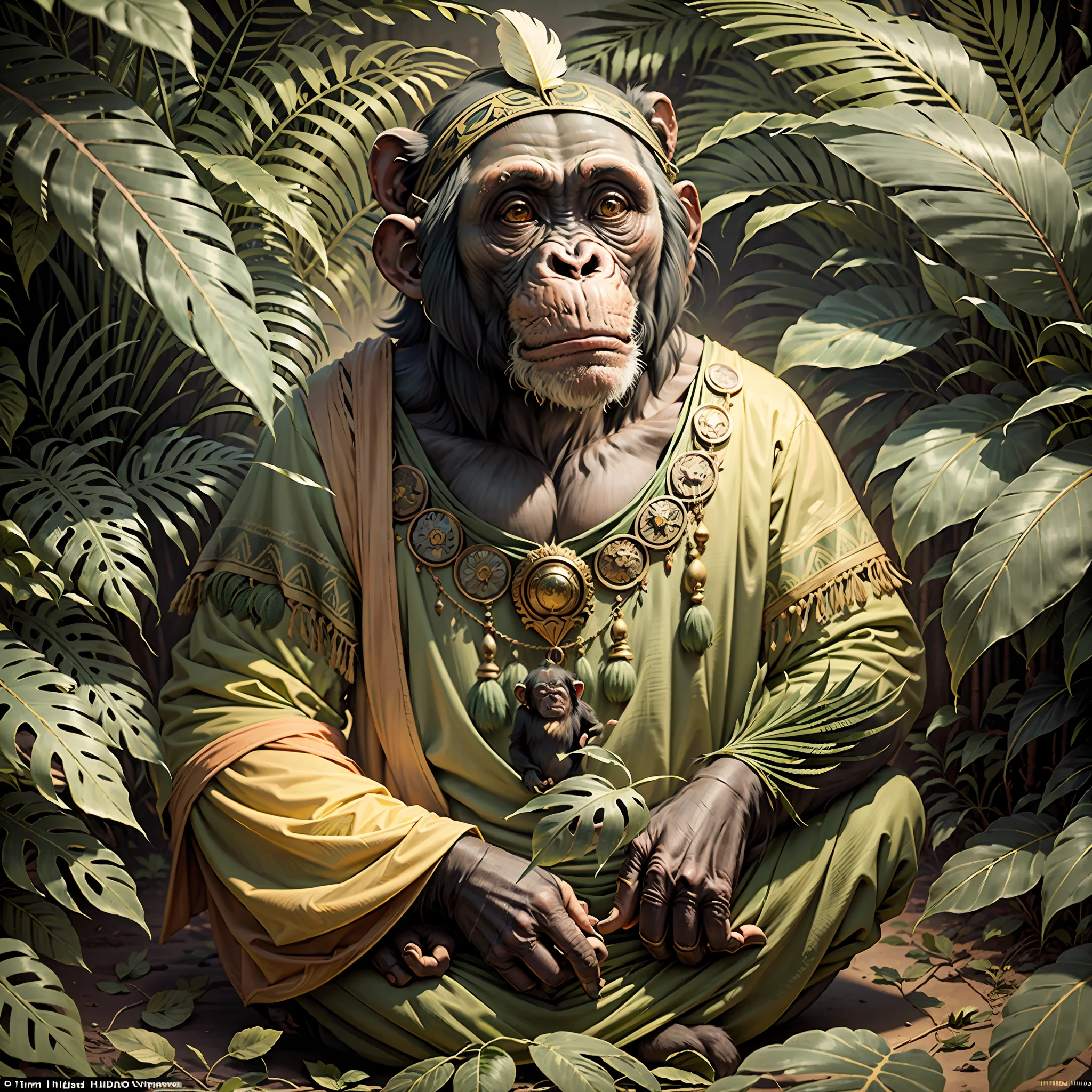 Chimpanzee with indigenous headdress on head, ((meditating)) colorful feathers, facing the camera, detail: sitting in the middle of dense tropical foliage, highly detailed intricate, ((masterpiece)), ultra hyperrealistic, masterpiece, by Tim Hildebrandt