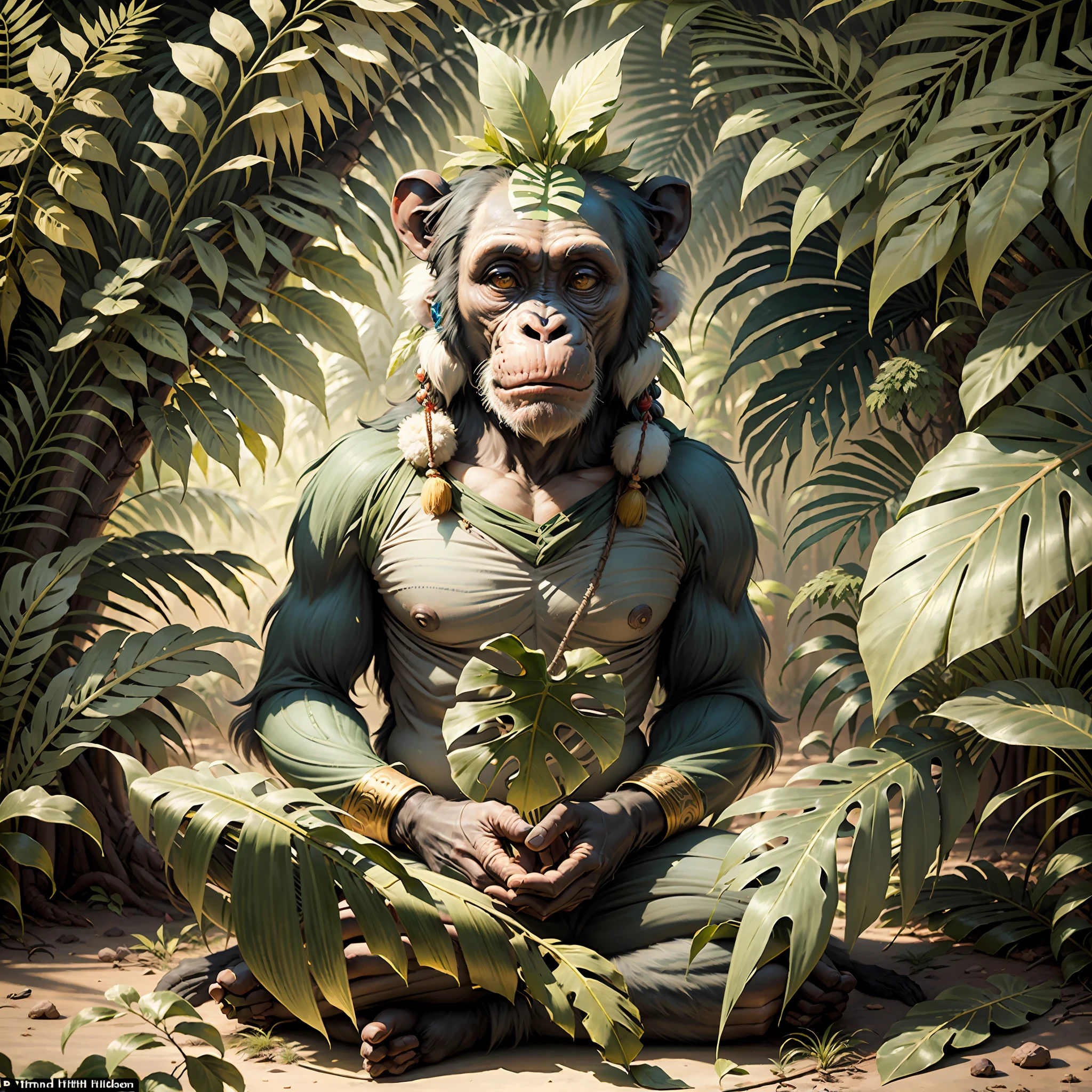 Chimpanzee with indigenous headdress on head, ((meditating)) colorful feathers, facing the camera, detail: sitting in the middle of dense tropical foliage, highly detailed intricate, ((masterpiece)), ultra hyperrealistic, masterpiece, by Tim Hildebrandt