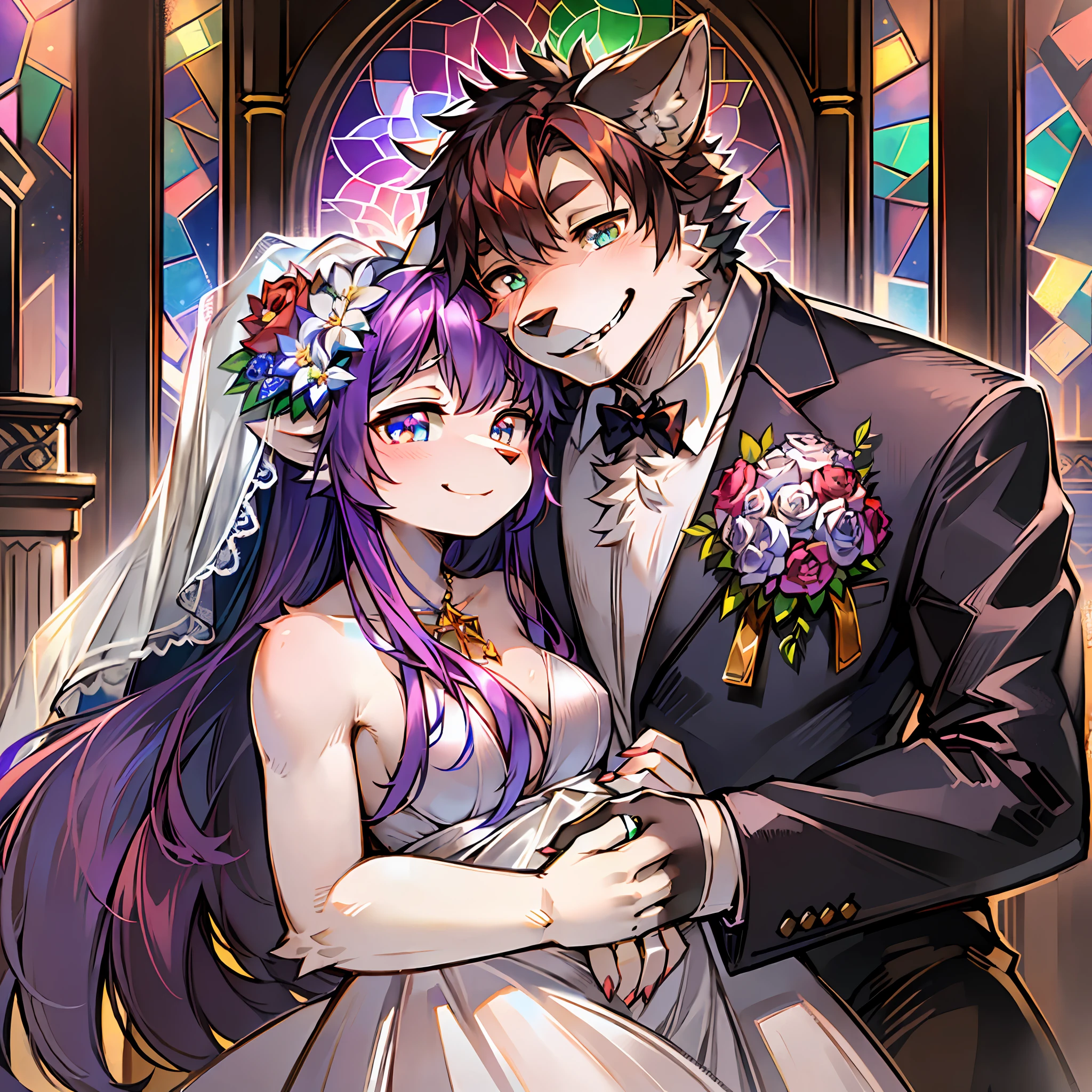 Top quality, ultra-fine illustrations(associations, colorful stained glass with shimmering light, kaleidoscope, wedding aisles lined with jewel-like lamps)(very detailed and beautiful faces, very detailed and beautiful eyes, eyes with lively brilliance)absurdres, perfect anatomy(angelic cute 1girl, kemono, angelic handsome 1boy, couple)(happy wedding, husband in tuxedo, beastman wife in wedding dress, husband hugging wife's shoulders, Two people staring at each other and smiling, wedding photo, bouquet of beautiful flowers, shining wedding ring on ring finger)(furry anthro:1.7)(furry body, animal face features, animal body features)(very detailed fur)full body, smile (dynamic pose),