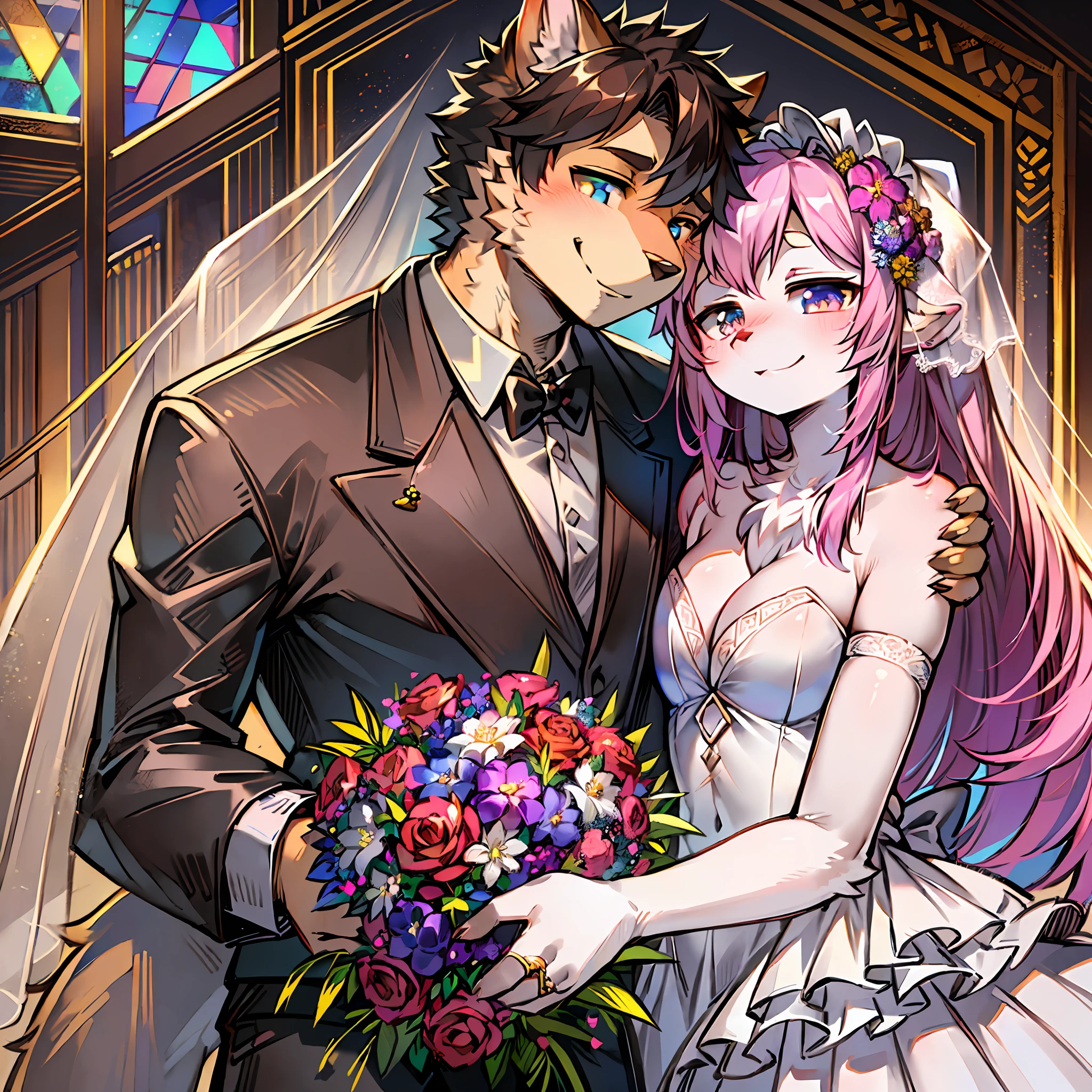 Top quality, ultra-fine illustrations(associations, colorful stained glass with shimmering light, kaleidoscope, wedding aisles lined with jewel-like lamps)(very detailed and beautiful faces, very detailed and beautiful eyes, eyes with lively brilliance)absurdres, perfect anatomy(angelic cute 1girl, kemono, angelic handsome 1boy, couple)(happy wedding, husband in tuxedo, beastman wife in wedding dress, husband hugging wife's shoulders, Two people staring at each other and smiling, wedding photo, bouquet of beautiful flowers, shining wedding ring on ring finger)(furry anthro:1.7)(furry body, animal face features, animal body features)(very detailed fur)full body, smile (dynamic pose),