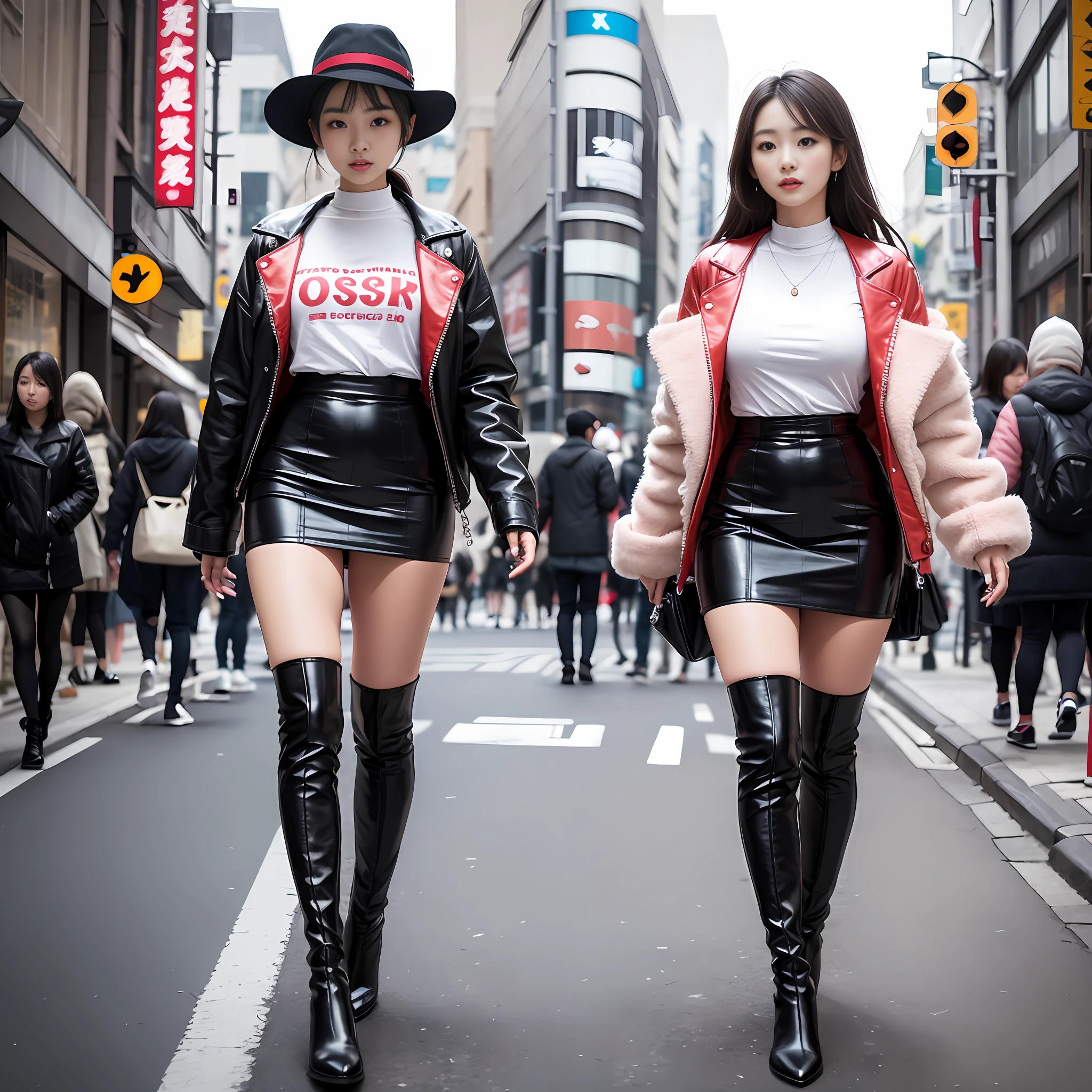A woman in a white top and black boots standing on the street, Chinese female fashion model, white fluffy clothes, short skirt and long jacket, Japanese city street fashion, black pink Rosan Park, she wears streetwear, Japanese street fashion, Tokyo fashion, street dress woman in jacket and skirt, street fashion, Harajuku street fashion, beautiful woman walking in the wind, black gloves, over-the-knee red boots, tall, long legs, perfect body proportions, thin waist, black suspender stockings, tall, Slender body, nine-headed body, big eyes, beautiful and exquisite face, perfect body details, perfect body proportions, perfect visual proportions, fashion shooting, glamorous, feminine, delicate, highlighting female curves, subtext: sexy, confident. Chinese woman --auto --s2