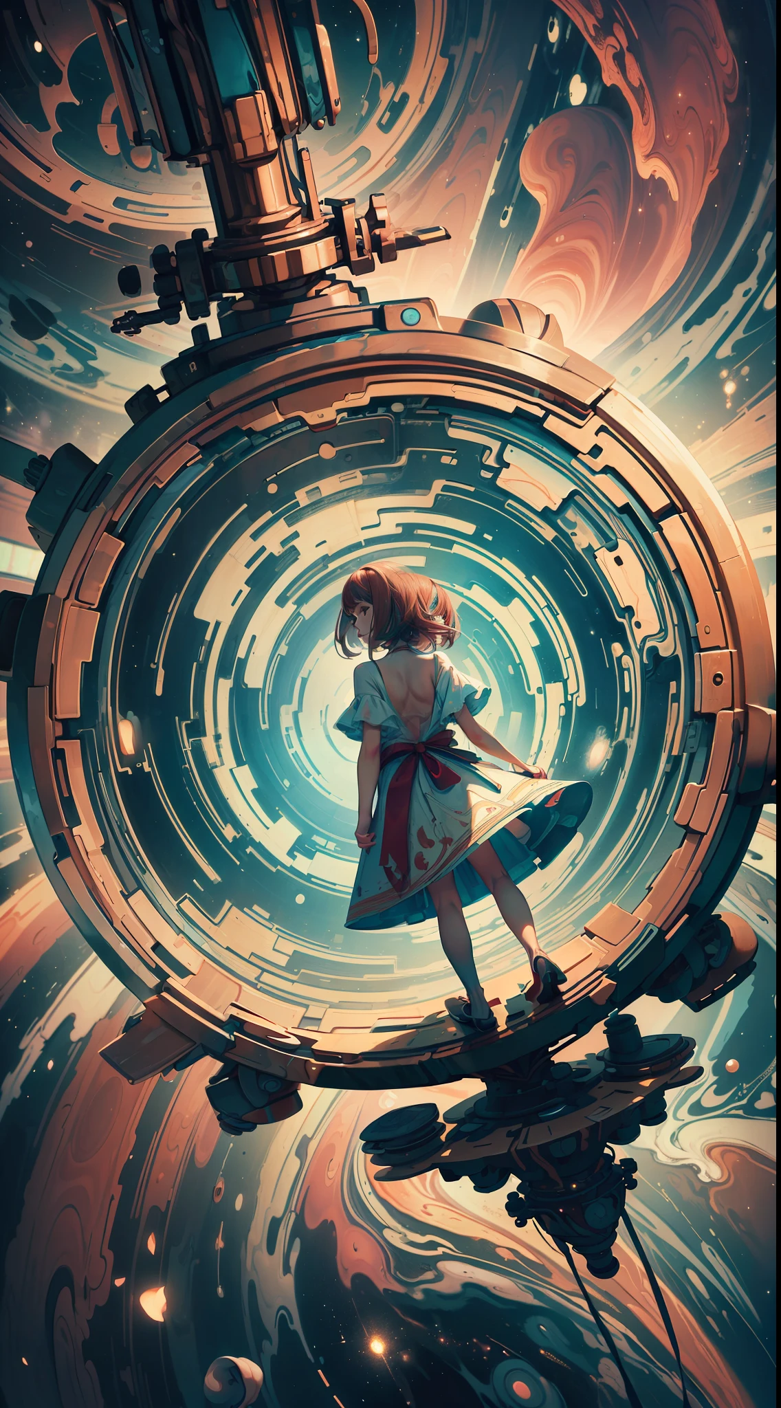 ((Masterpiece)), (Best Quality)), 8K, high detail, hyper-detail, the painting depicts a scene of breathtaking magnificent spatial images. The picture shows a girl with a mushroom dress, facing back, looking at a red glowing planet in space. The scenes are extremely detailed and the clarity is extraordinary, capturing every intricate detail of the panorama.