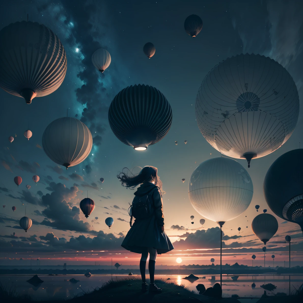 A girl stands in a clearing, a lot of furniture floating in the air, dark all around, distant view, high picture quality