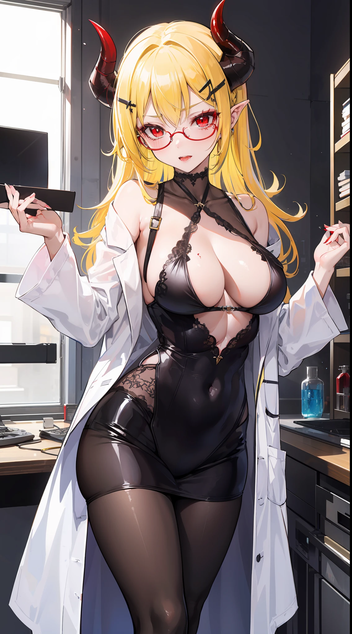 Inside the lab, there is a beautiful demon milf with yellow hair and red eyes wearing glasses, she wears a white lab coat, she has horns and sharp eyes, she is a demon of lust, have medium boobs too cause she is lust