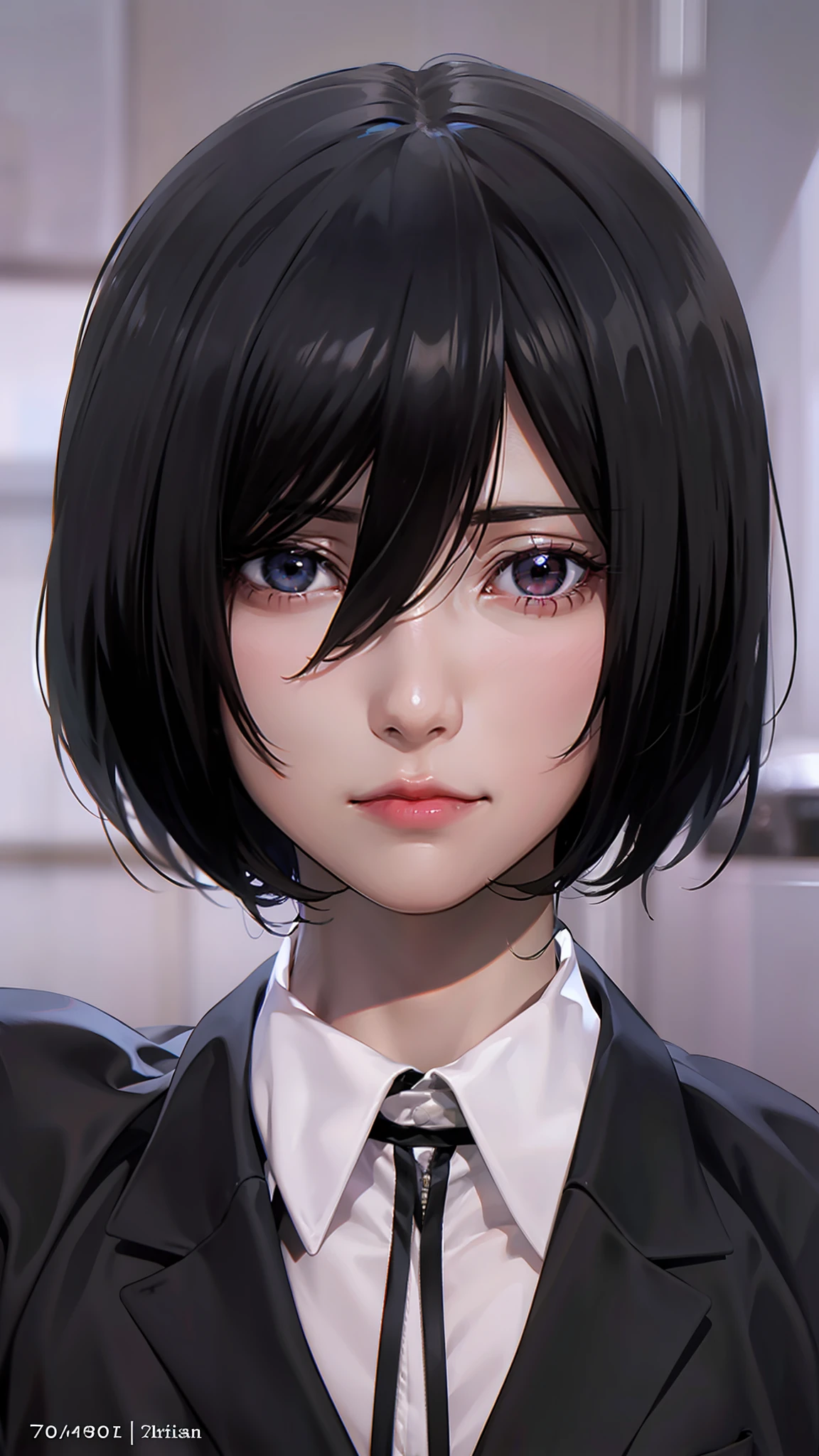 Black hair short,anime, unsmiling, cynical eyes,suit,Mikasa Ackerman, realistis, human,70mm lens,very very real