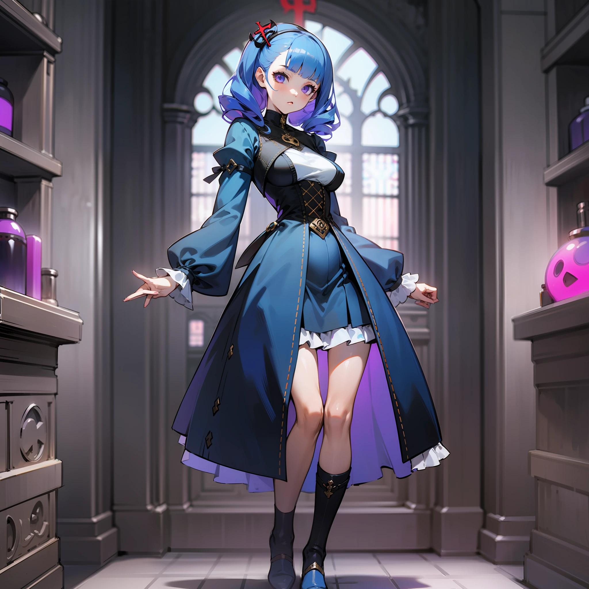 persona 5 style, 1 girl, loli, full body, medieval fantasy, priest,, blue hair, deep blue clothes, purple eyes, medium breasts, sidelocks, twin drills