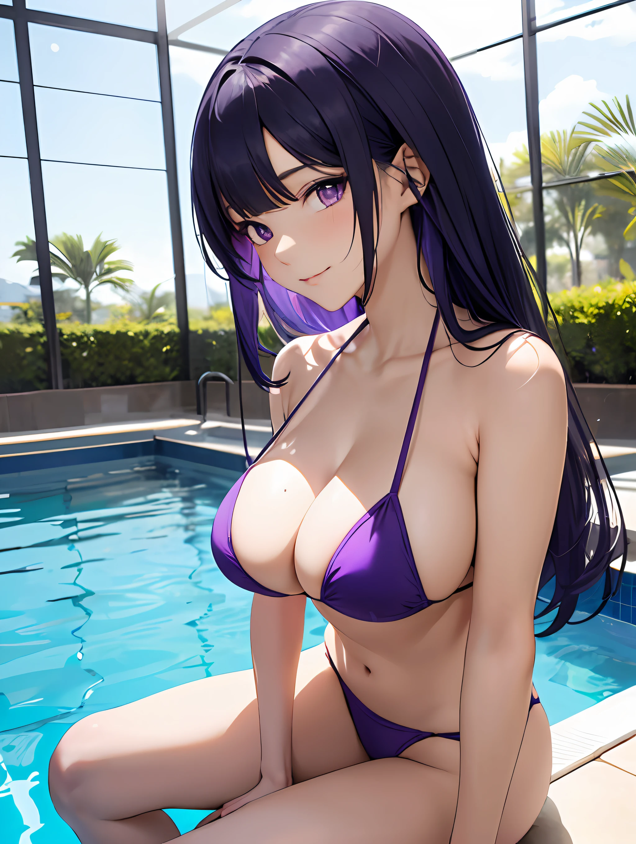 Genshin Raiden General Asian Style: Two-dimensional, anime Color: Purple Decoration: Only wear purple bikini Body shape: Big breasts full, well-proportioned, thin, long, beautiful, white legs. Appearance: Long purple hair, purple eyes Location: Modern Pool Expression: The corners of the mouth slightly raise a shallow smile, coquettish --auto