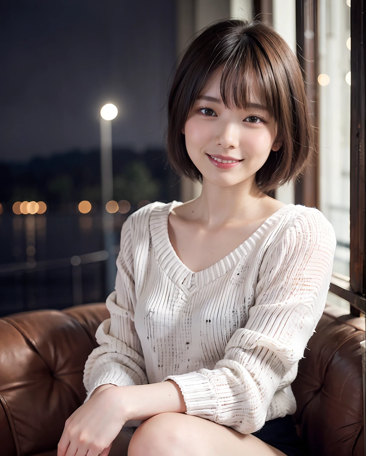 (8K, Best Quality, Masterpiece: 1.2), (Realistic, Photorealistic: 1.37) Hi-Res, Super Detail, 1 Girl Asian, Cute, Cute Face, Solo, Short Hair 1.2, Textured Skin, Beautiful Smile, Beautiful Detailed Sky, Detailed Cafe, Night, Movie Lighting, Depth of Field, Lens Flare Light, Seated, Dating, (Blushing), (Smile: 1.15) Nova Frog style, floating hair, (short hair: 1.2), small breasts (mouth closed), eyes with beautiful details, (sweater: 1.1), night, wet, business wear, rain, white lace, (short hair: 1.2),