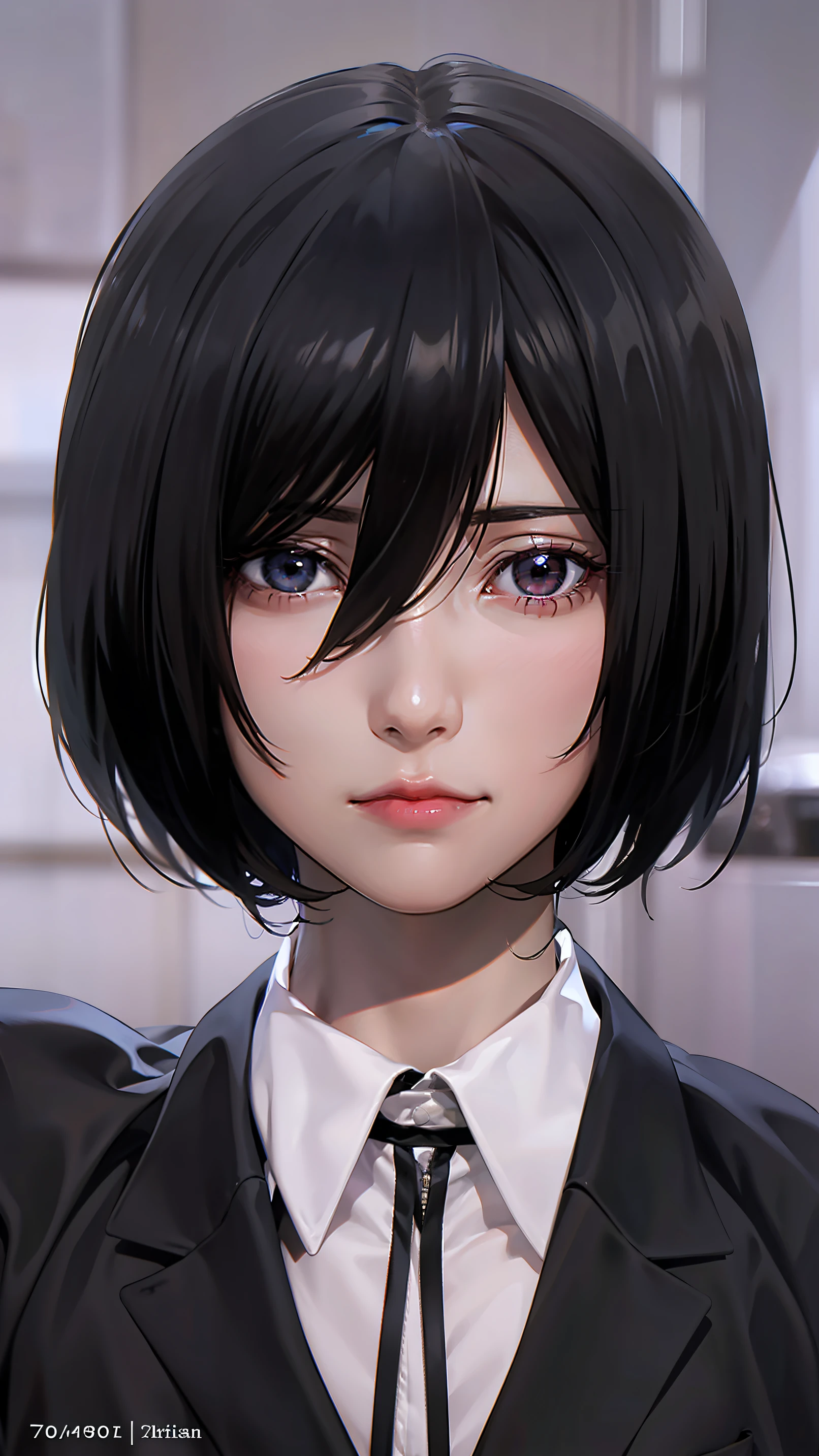 Black hair short,anime, unsmiling, cynical eyes,suit,Mikasa Ackerman, realistis, human,70mm lens,very very real