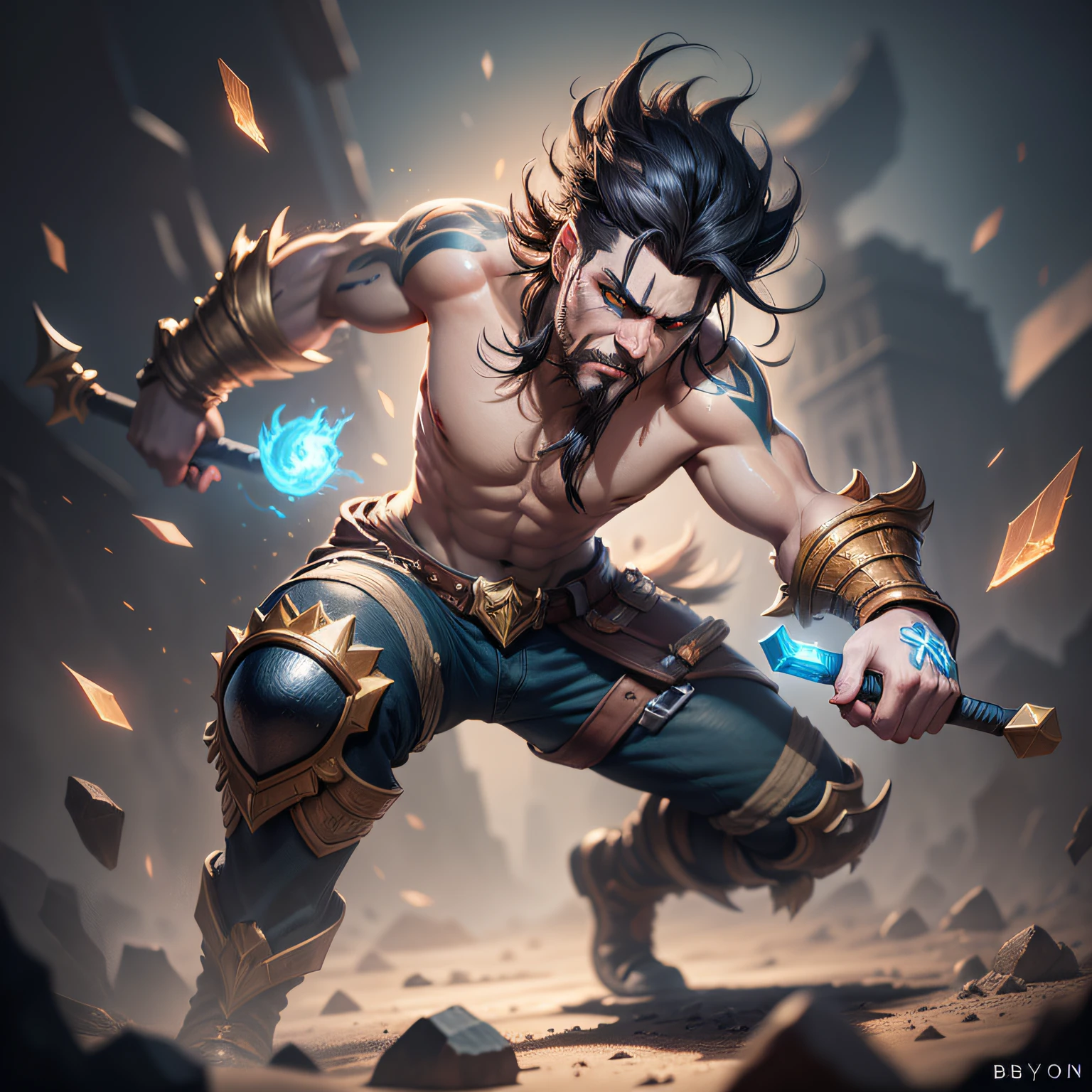 DRAVEN league of legends, riot games BACKGROUND SPLASH ART, (pixar style) (masterpiece:1.2) (bokeh) (best quality) (detailed skin) (detailed texture) (8k) (claymation) (cinematic lighting) (sharp focus