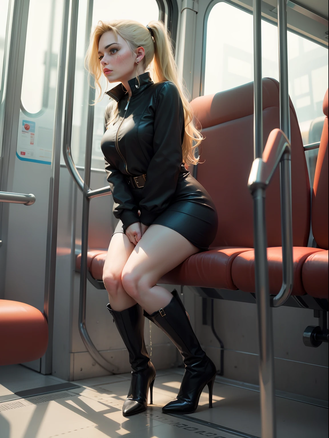 blonde, ponnytail hair, two friends, muscular legs, muscular calves, Strong legs, muscular hips, wide hips, Curvy hips, full body shot, mesh tights, mid-thigh boots with high heels, short leather jacket, short jumper dress, large ring earrings, Really wants to pee, rides on the bus, looks out the window, wants to pee, desperately wants to pee, wants to urinate, palm on his stomach, crumples the hem of the dress with his hands, Knees together, Clenched knees, Clenched hips, Expression of shame on his face, embarrassment, bites his lower lip, full bladder, terribly wants to go to the toilet, anatomically correct, realistic, side view