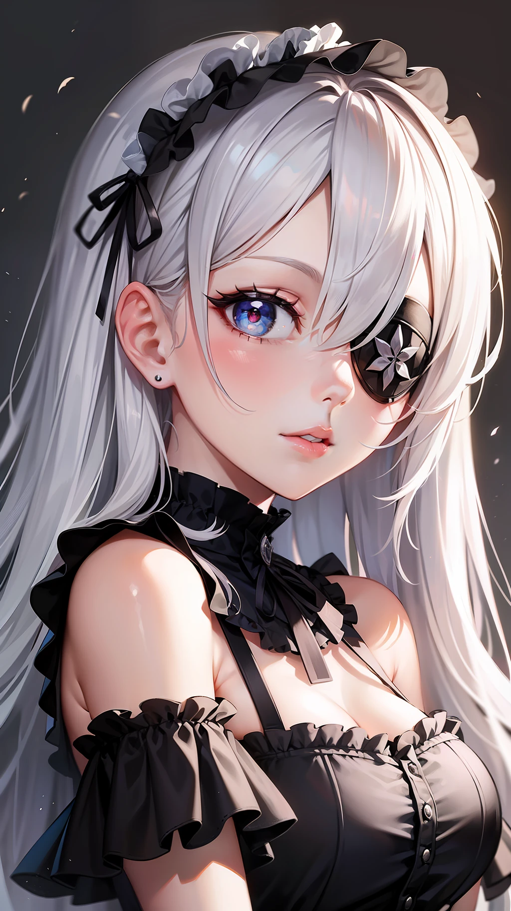 Top Quality, Ultra High Quality, 8K, Super Beautiful, 1girl, Silver Hair, Eye Patch on Left Eye, Detailed Pupil, Gothic Lolita, Goth Loli,