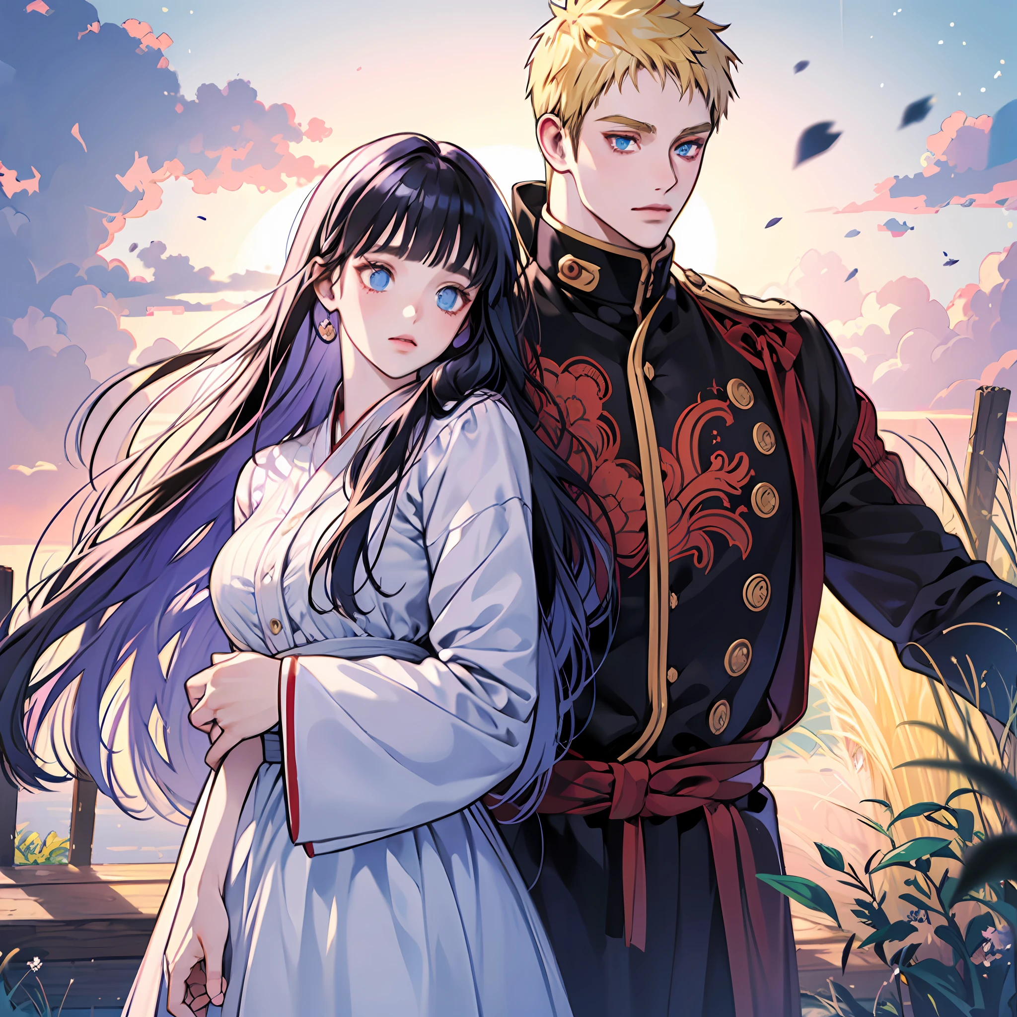 ((Best quality, 8K, Masterpiece: 1.3)), Clear focus: 1.2, 1girl, 1 boy, blunt bangs girl, dark blue haired girl, blonde man, blue eyes man, purple eyes girl, hug, standing, couple, naruto and hinata, beautiful and handsome, naruhina, royalti, nobility