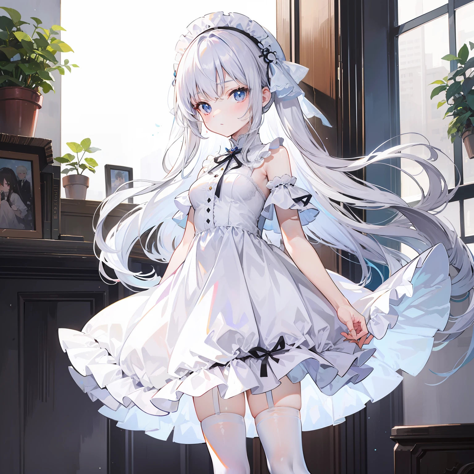 The white long-haired loli, who is less than 150cm tall, wears a white dress and white stockings