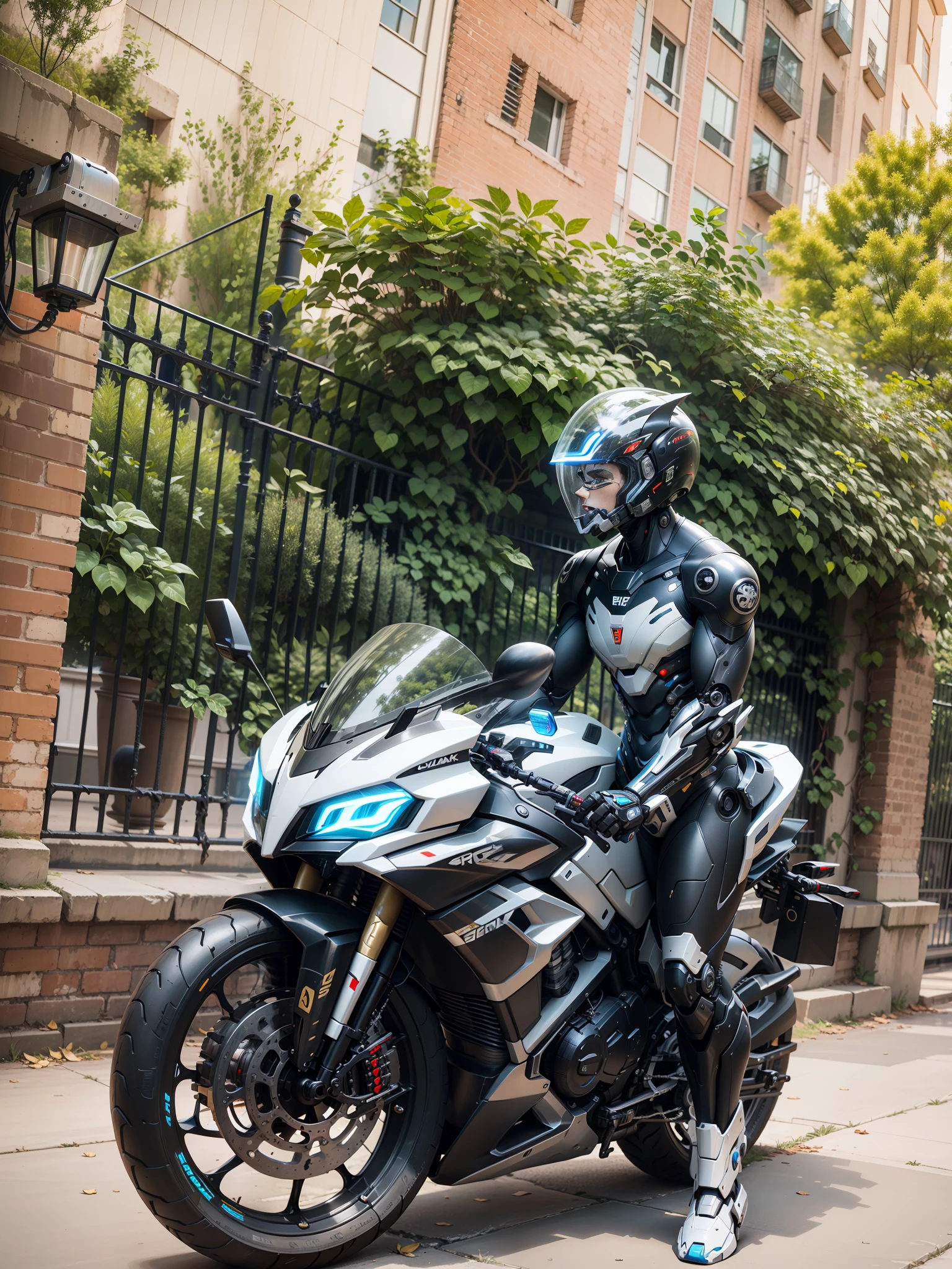 Handsome full body black mecha white short hair cyber handsome warrior, black cyber mechanical motorcycle, high-tech black full surround helmet, white short hair, Nousr, biomechanics, MSHN robot man, high-tech helmet, surreal, steel, complex design, crazy details, fine details, extremely clear lines, cinematic lighting, photo realism, detailed masterpiece