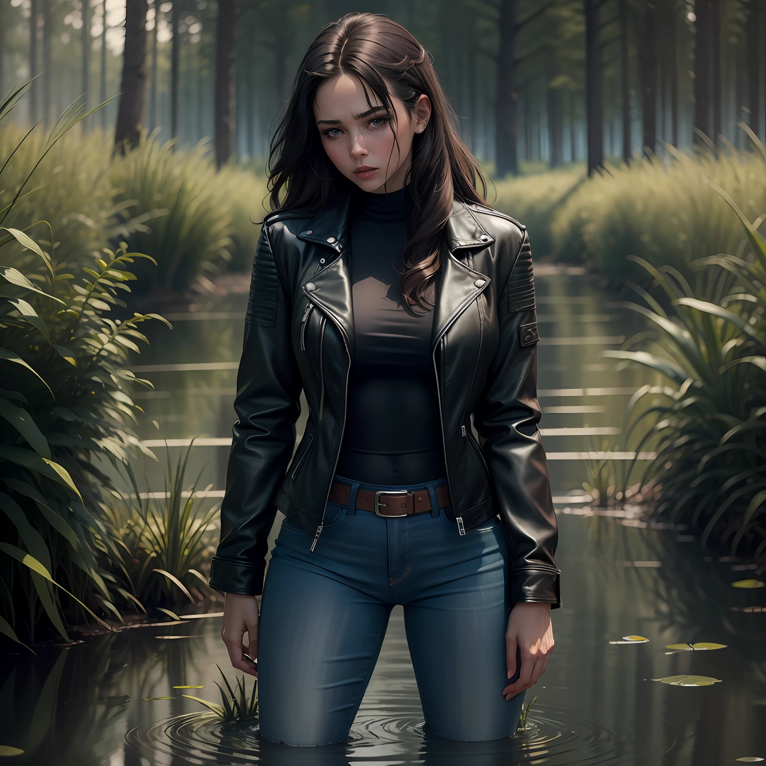 Comic Book - In a ruined church, beautiful woman, blue eyes, straight brown hair, full lips, smart, wearing jeans and a leather jacket, with a flashlight. perfect lighting, rich in detail. She has fear in her eyes, since the environment is sinister. --seed 845406844 --auto