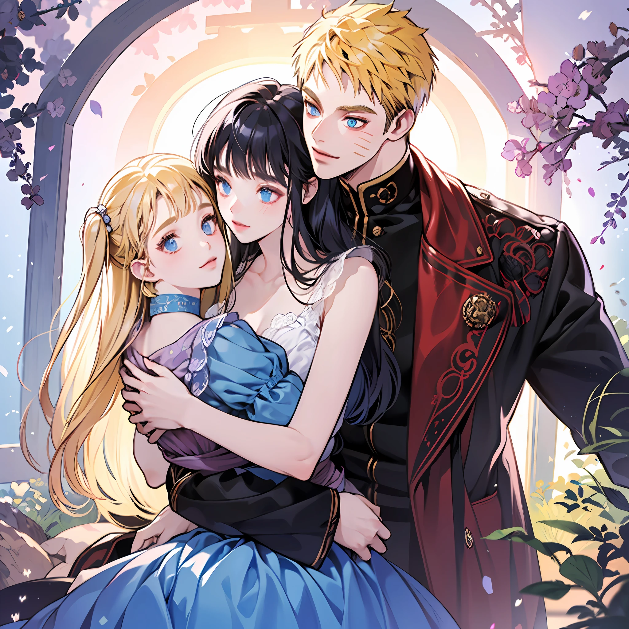 ((Best quality, 8K, Masterpiece: 1.3)), Clear focus: 1.2, 1girl, 1 boy, blunt bangs girl, dark blue haired girl, blonde man, blue eyes man, purple eyes girl, hug, standing, couple, naruto and hinata, beautiful and handsome, naruhina, royalti, nobility