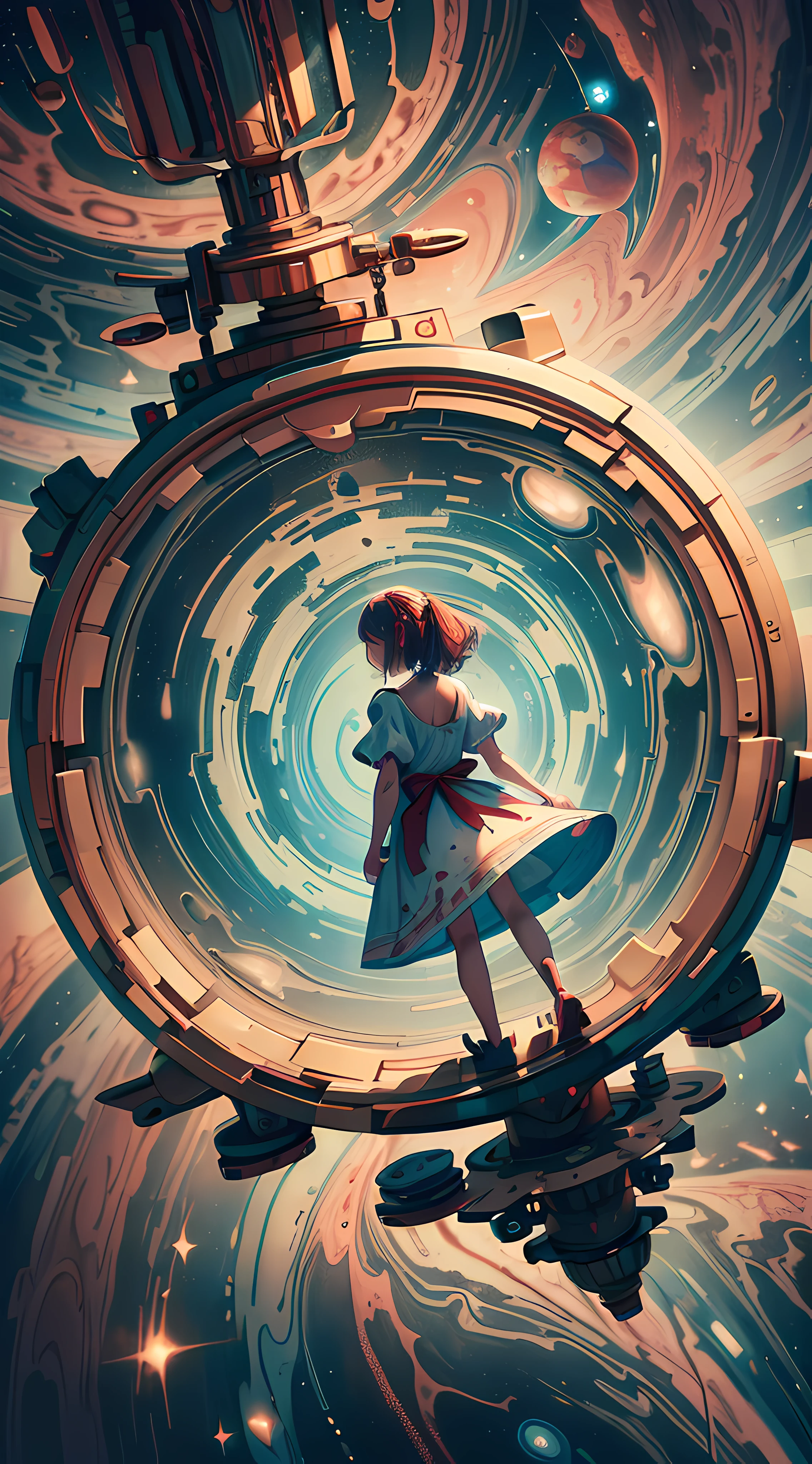 ((Masterpiece)), (Best Quality)), 8K, high detail, hyper-detail, the painting depicts a scene of breathtaking magnificent spatial images. The picture shows a girl with a mushroom dress, facing back, looking at a red glowing planet in space. The scenes are extremely detailed and the clarity is extraordinary, capturing every intricate detail of the panorama.