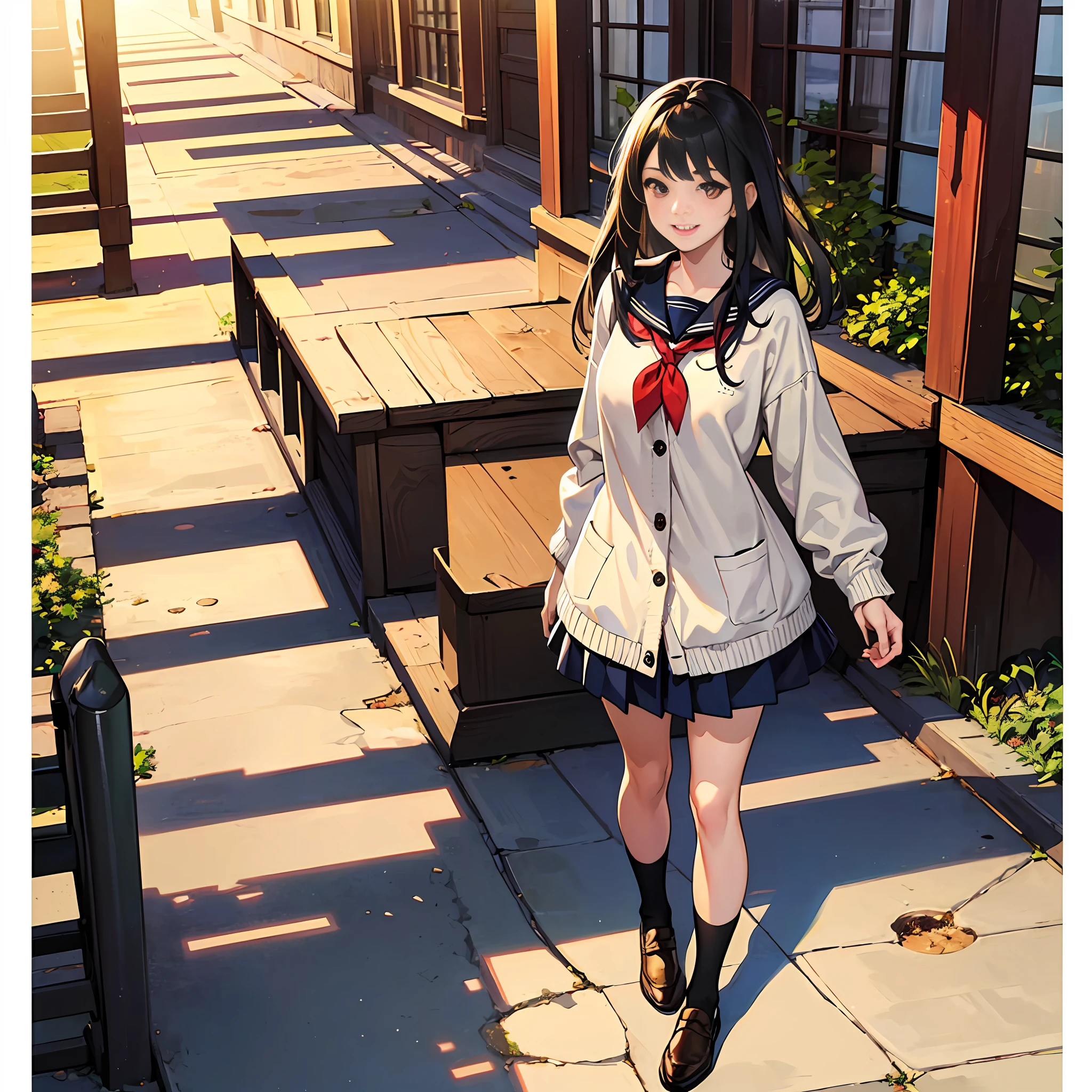 Top Quality, Masterpiece, 2D Illustration, Beautiful Girl, Black Hair, Red Eyes, Sauce Eyes, Super Cute, Schoolgirl, One Girl, Sunlight, Anime Drawing, Lace Clothes, Full Body, Big Eyes, Big, Cardigan, Knee High Socks, Loafers, Smile, Long Hair, (Illustration) --auto