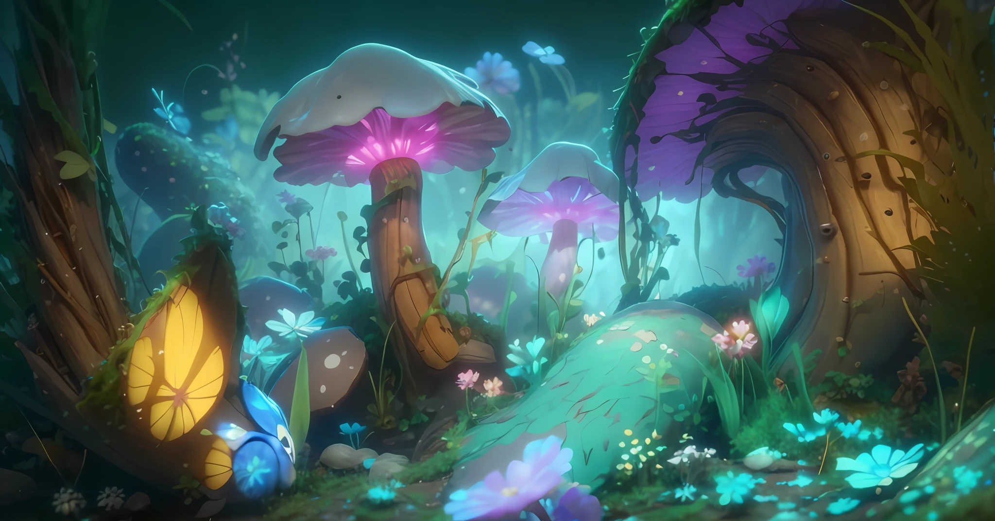(Face Up) (microscopic), there are in the fantasy world (fantasy plants + fantasy mushrooms + fantasy spores + fantasy grass + fantasy branches + fantasy light spots), the whole is the feeling of being wrapped in plants, Pixar animation, Pixar art, the best materials, clear wood grain, the best details, the perfect masterpiece