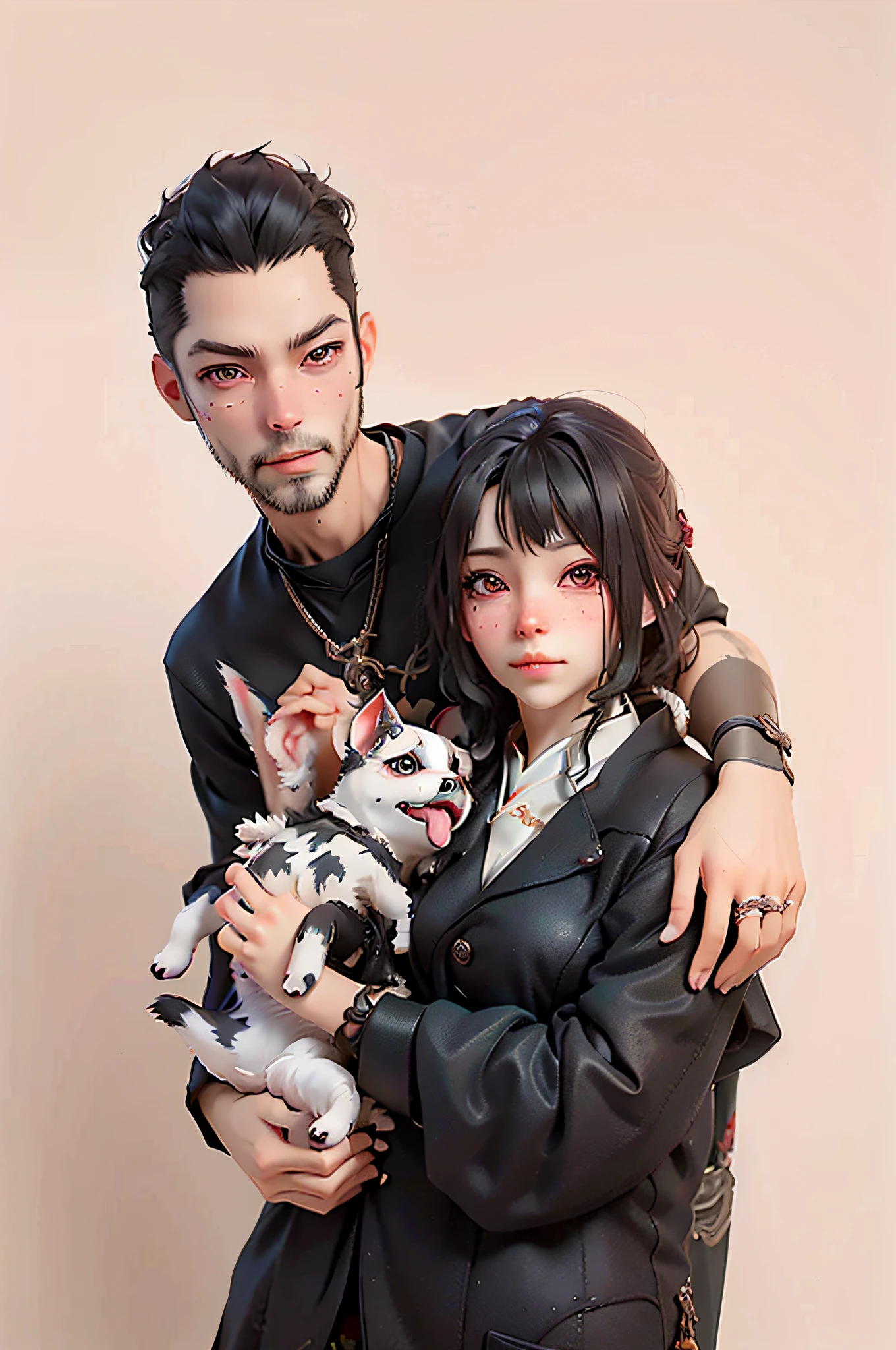 There is a man and a woman posing for a photo with a dog, there is a dog, Ruan Jia and Brom, high quality portrait, by Ni Tian, inspired by Wang Duo, by Ni Zan, black, by Emma Andijewska, shooting, product introduction photo, Jacky Tsai style, studio shooting, photo with a Chihuahua, full body, character,