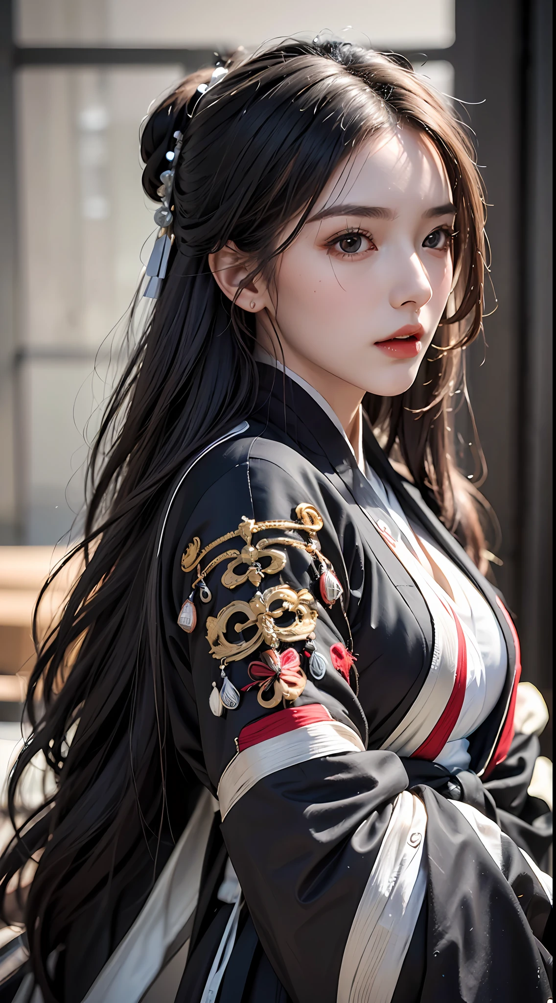 (photorealistic:1.4),8k,(masterpiece), best quality, highest quality, (detailed face:1.5),original,highres, unparalleled masterpiece, ultra realistic 8k, perfect artwork, ((perfect female figure)), 1 girl, long hair, black eyes, ming hanfu, from thighs upwards