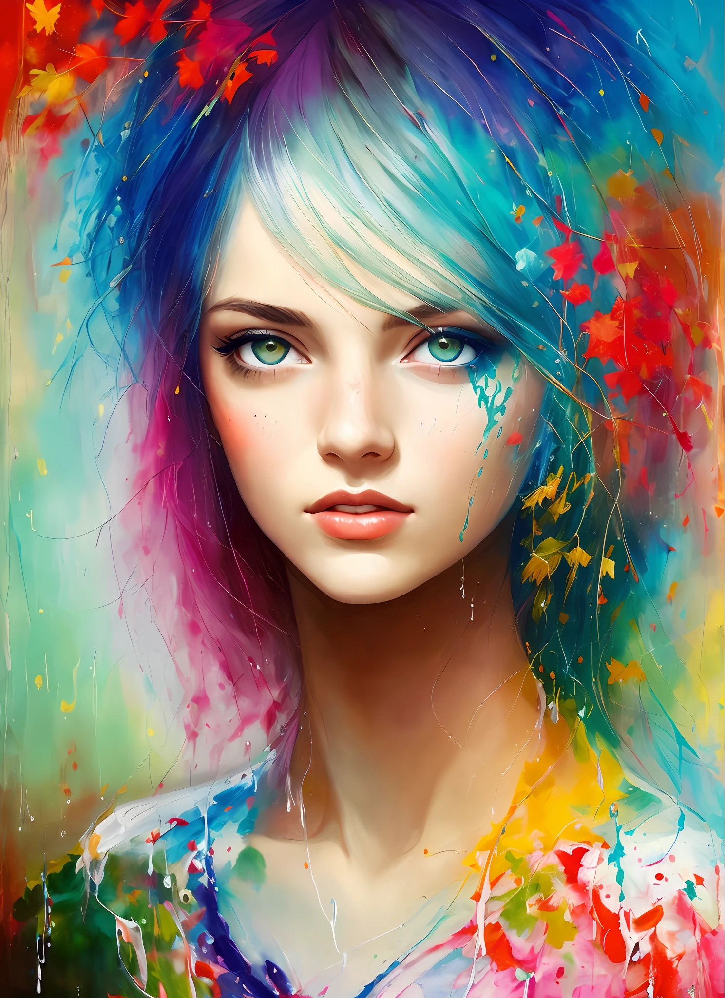 "a painting of a woman by Agnes Cecile, with a luminous design and pastel tones, with brushstrokes of paint forming drips, illuminated by autumn lights in the style of modernism, created with delicate drops of paint."