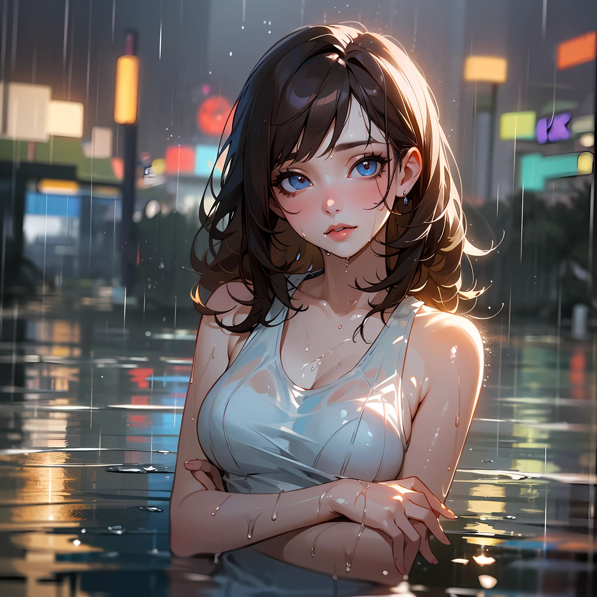 (Best quality, 4k, Masterpiece :1.3), pretty woman, 1girl, sexy :1.1, dark brown hair: 1.1, (rainy wet, wet from rain, wet body :1.2), white tank tops, ultra-detailed face, detailed lips, detailed eyes, double eyelid --auto --s2