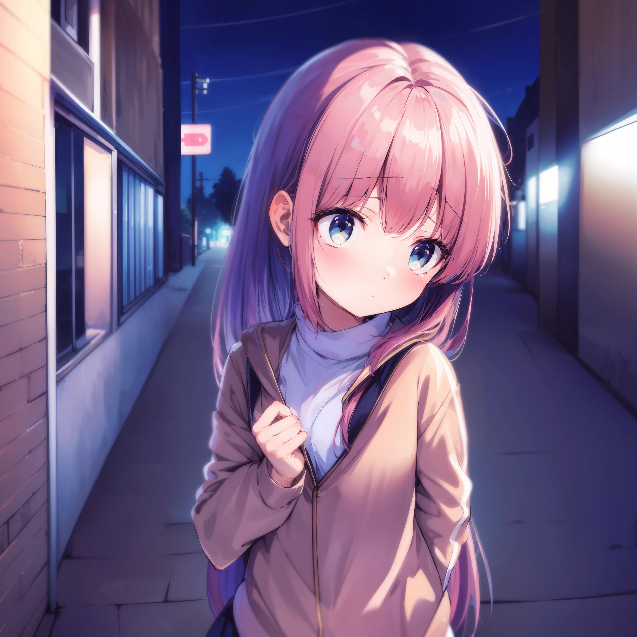 On the city street, bright and soft lights on the left side of the picture, cute female high school student, with a shy look on her face, hands behind her back, blushing and slightly underground