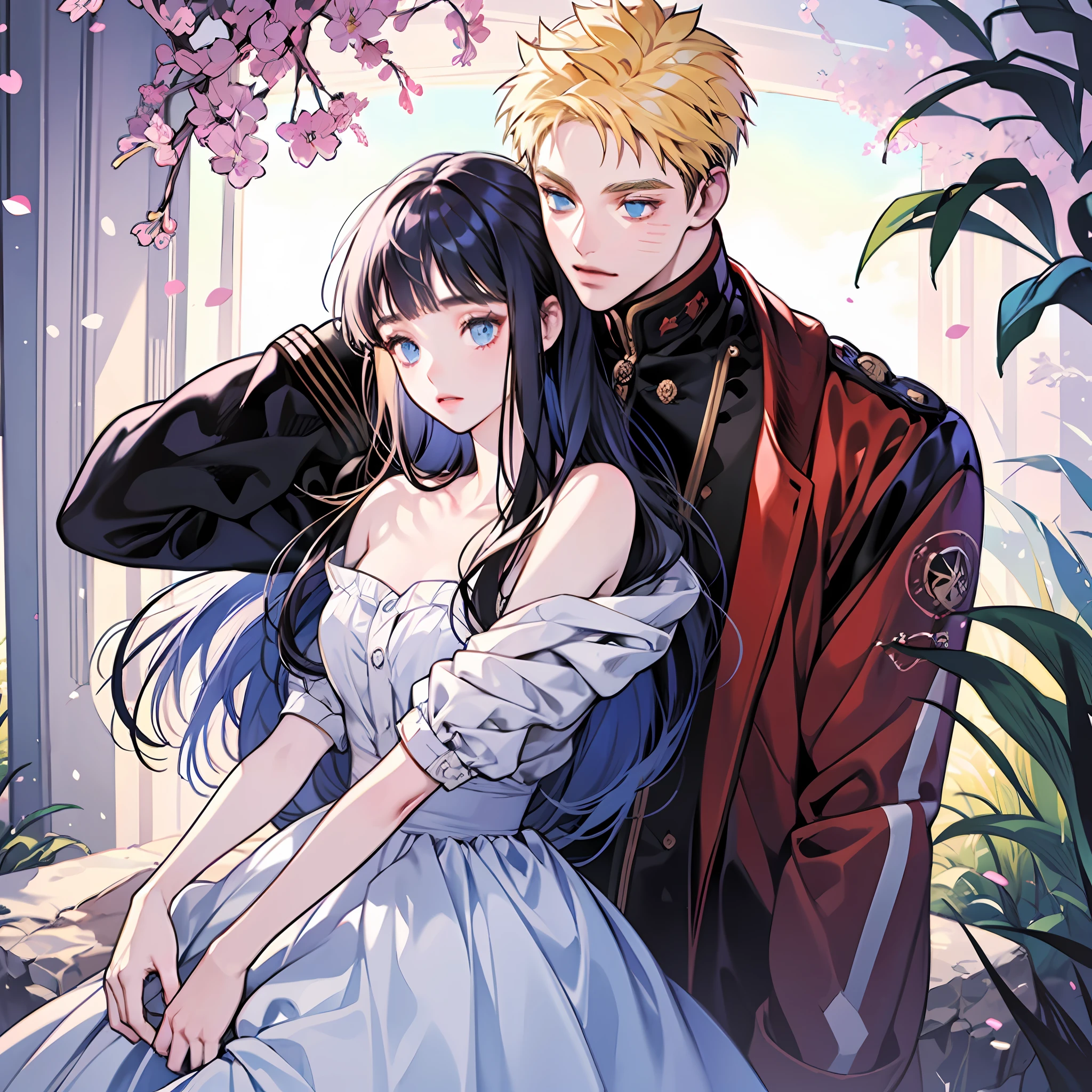 ((Best quality, 8K, Masterpiece: 1.3)), Clear focus: 1.2, 1girl, 1 boy, blunt bangs girl, dark blue haired girl, blonde man, blue eyes man, purple eyes girl, hug, standing, couple, naruto and hinata, beautiful and handsome, naruhina, royalti, nobility