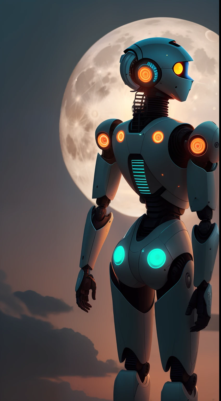 male robot with his back turned and standing looking at the full moon