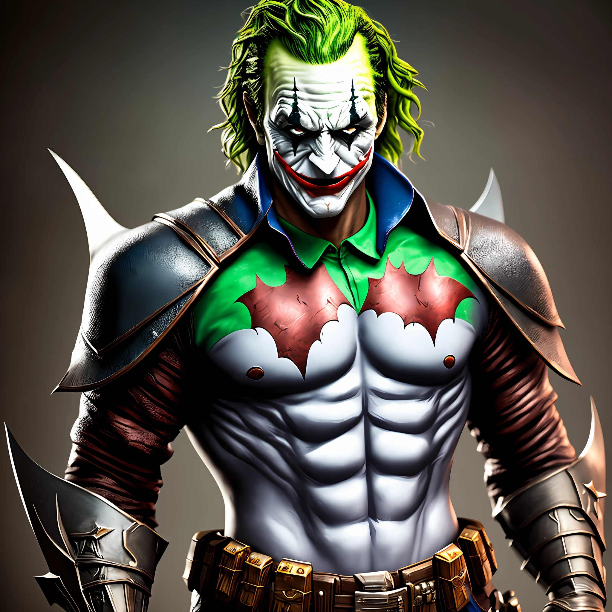 Joker clad in Batman's incredibly sturdy and strong armor, Best quality, masterpiece, ultra-high resolution, (Photorealistic:1.4)