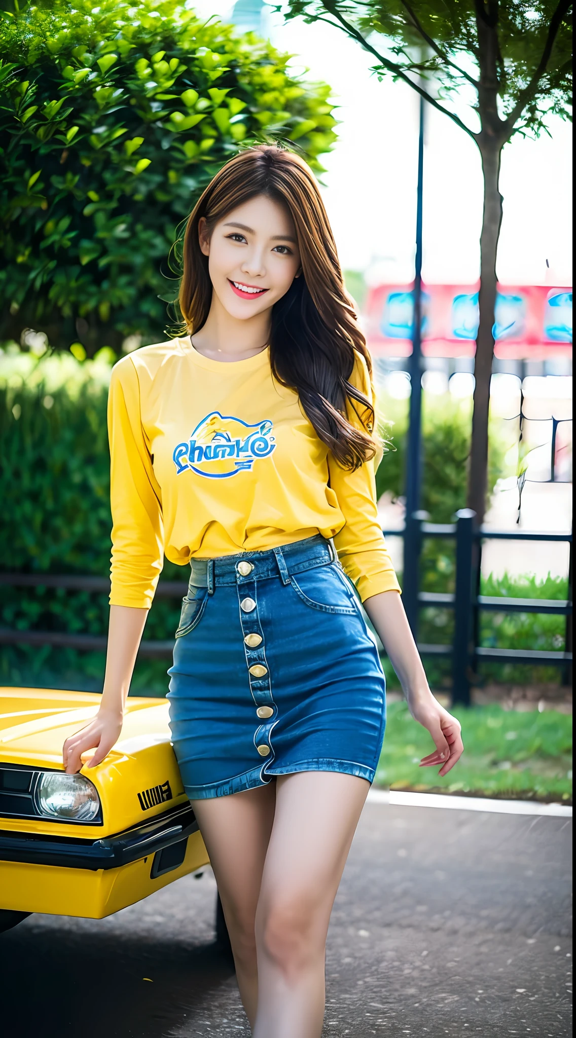 1girl, (best quality, masterpiece, ultra high resolution), (photorealistic:1.3), (realistic:1.3), depth of field,, (closed mouth), (light smile:1.2), (expressive hair:1.2), (floating hair:1.2), upper body, (large breasts), (breasts focus), yellow shirt, pikachu costume, pikachu, pika/(t-shirt/), (button), (pencil skirt:1.2), soft light,busty, vivacious and seductive, (only one girl:1.2), (outdoors:1.3), (road:1.2), (street:1.2), (trees:1.2), (amusement park:1.2),(standing:1.2), (slender), (slender legs), (long legs:1.3), shiny skin, nose blush, (facing viewer),