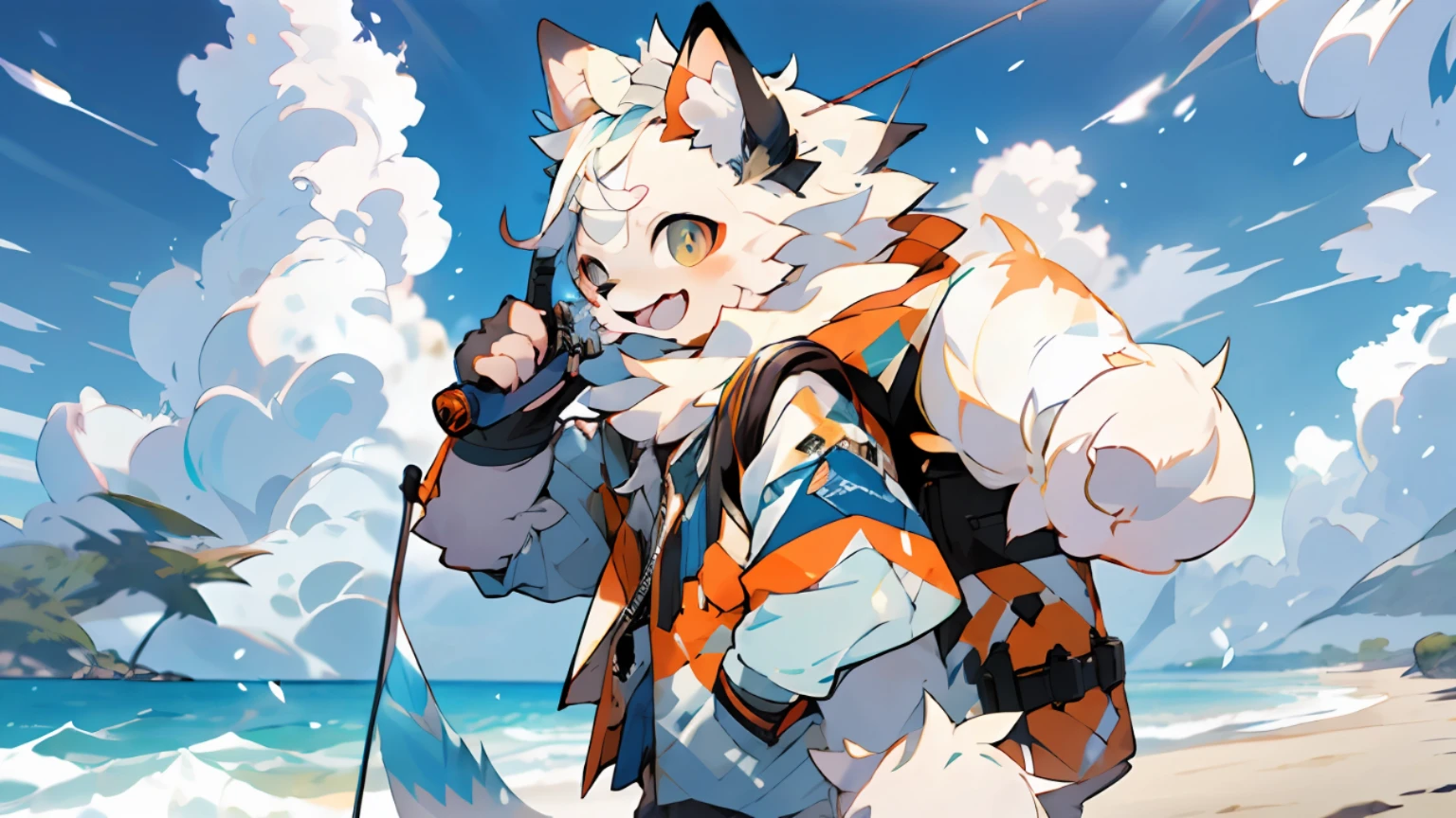 Anime characters with backpacks and phones on the beach, Furry fantasy art, Fursona Furry Art Council, Isekai, clear clear RPG portrait, furry art, official art, official artwork, profile picture 1024px, great white bear, furry art!, anthropomorphic furry art, very, very beautiful furry art, against a fishing rod, clear facial features, five fingers, looking at the camera lens, happy smile, furry