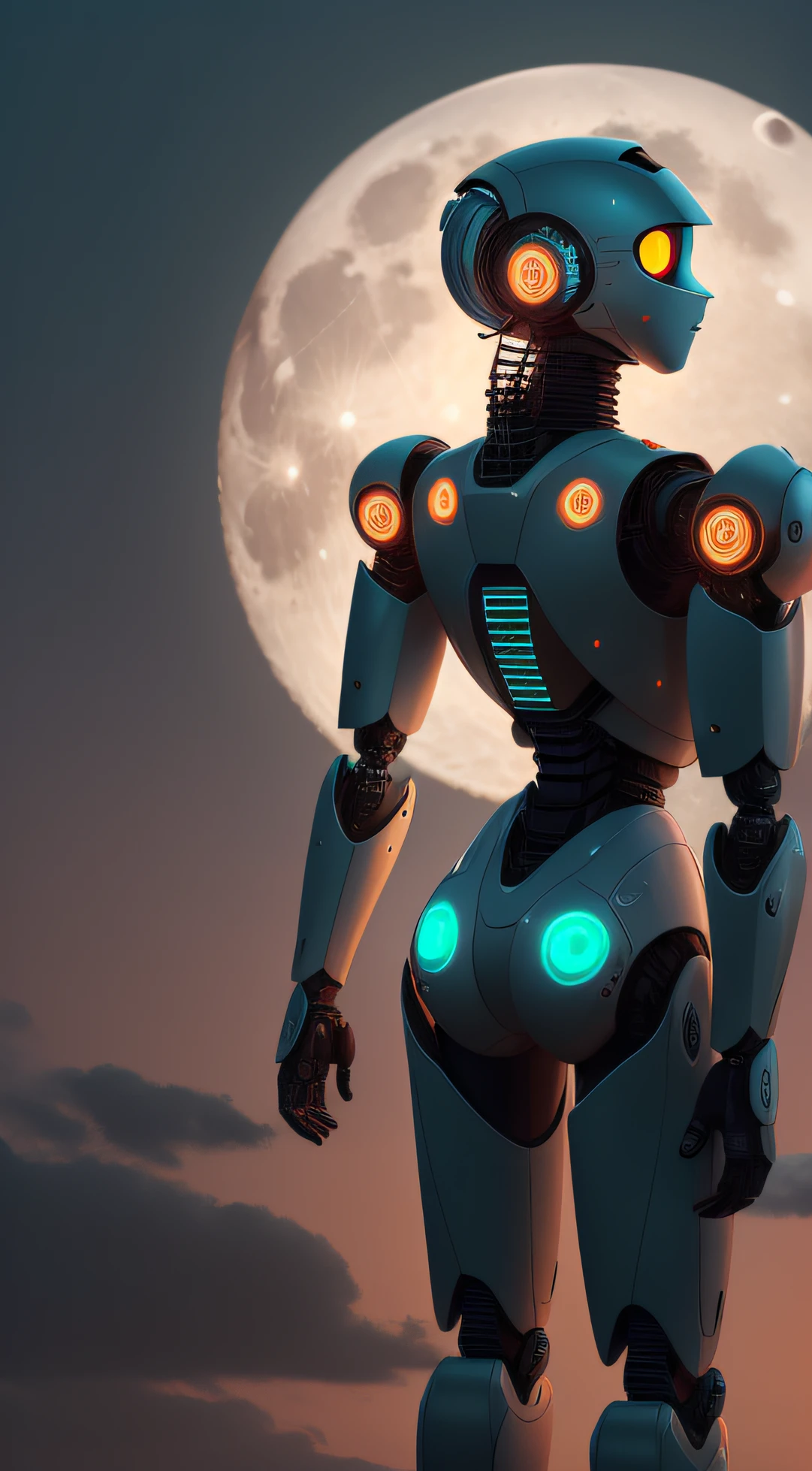 male robot with his back turned and standing looking at the full moon