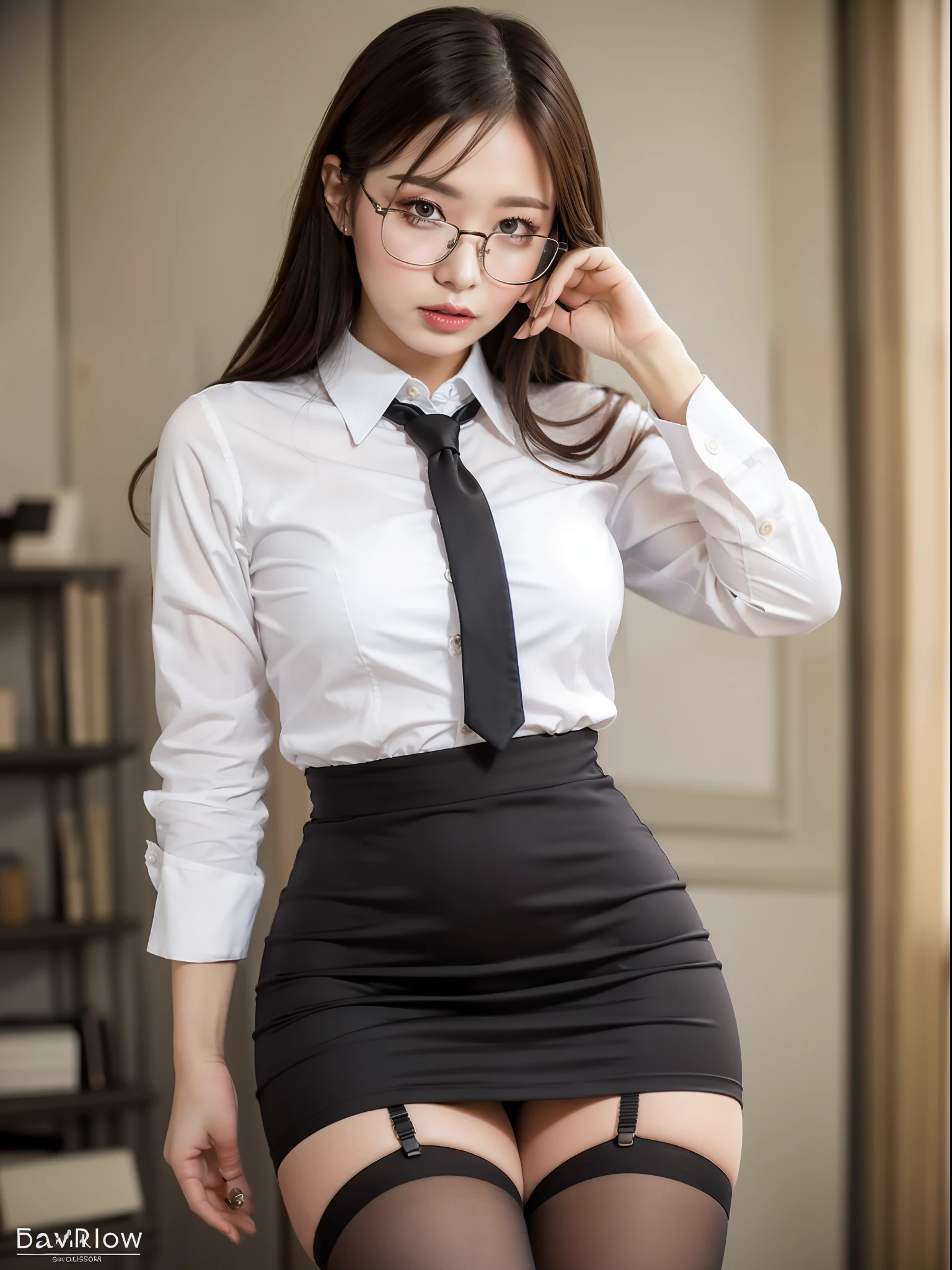 8K, RAW photos, high quality, realistic, professional wear, black stockings, glasses, tease, seduction