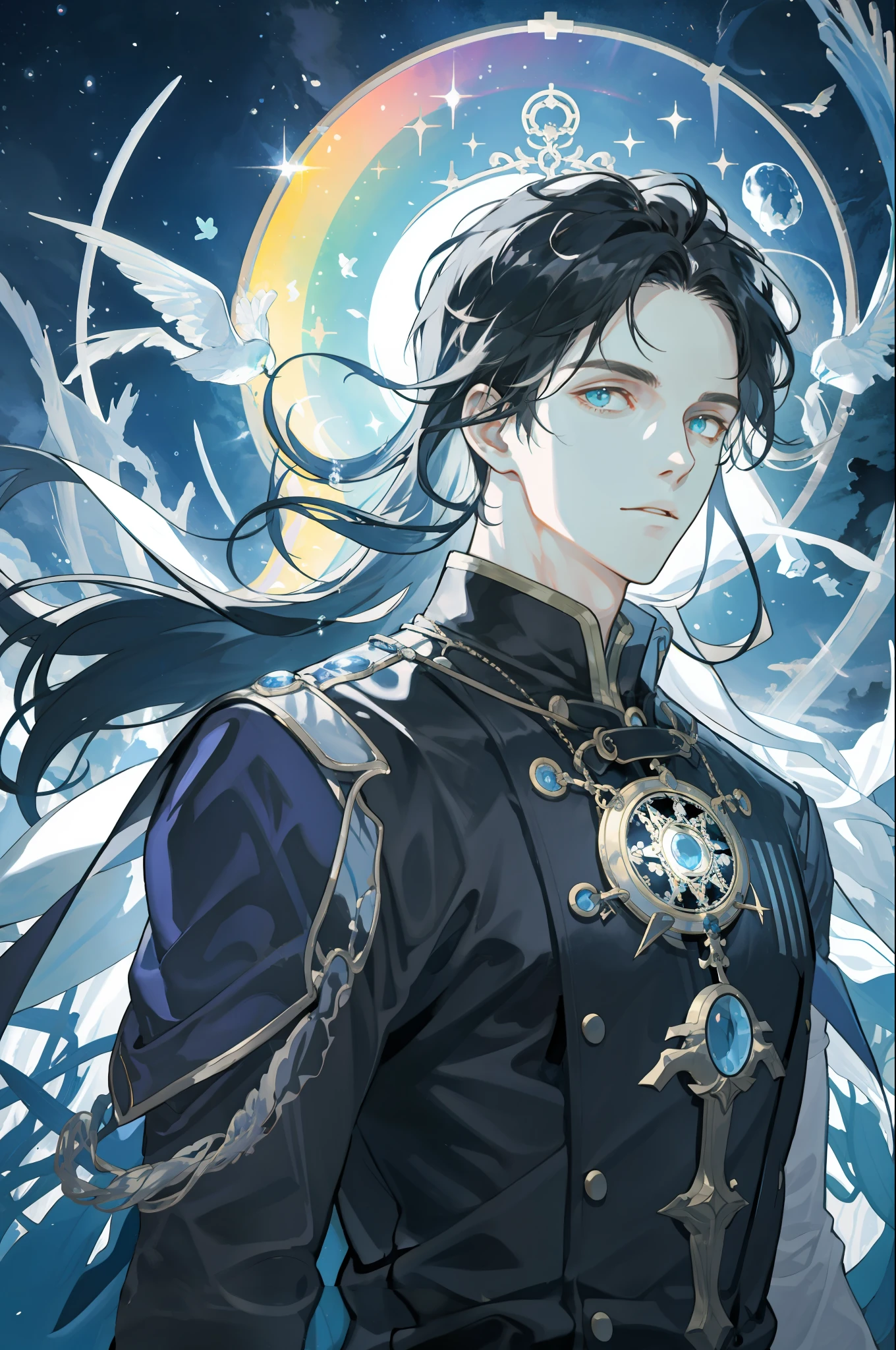 masterpiece, best quality, 1 male, adult, mature, tall muscular guy, Dark theme, Magic circle, bubble, rainbow Sunlight, Underwater, Reflected mirror, floating piece of Glass, Rainbow light, Bubble Swirling, wind Swirling, Aurora, fantasy scenery, Starlight around the character, (upper body)